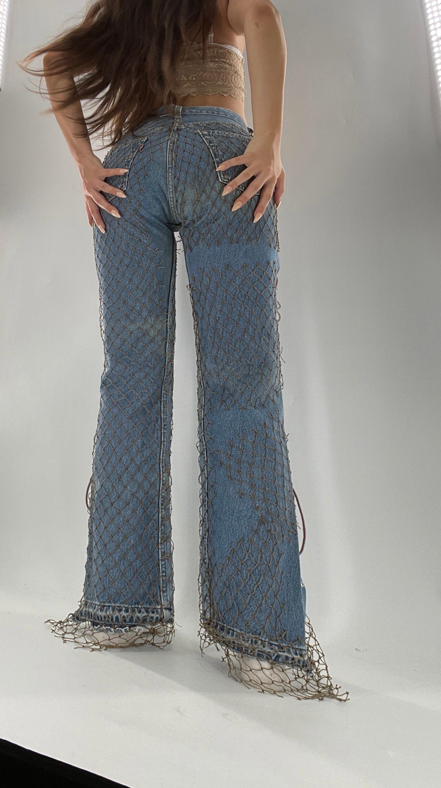 Custom - Fishnet Levi’s with Grommets and Lace Up Sides (Waist 29 Length 30) Fits Like a 26*