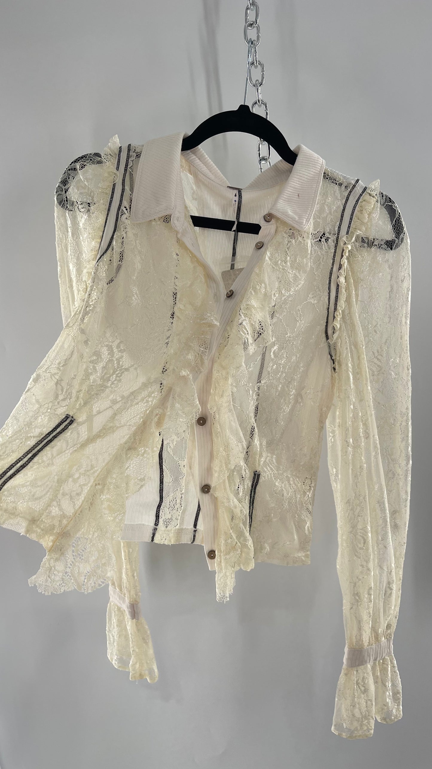 Free People White Lace/Ribbed BodyCon Button Up with Tags Attached (Large)