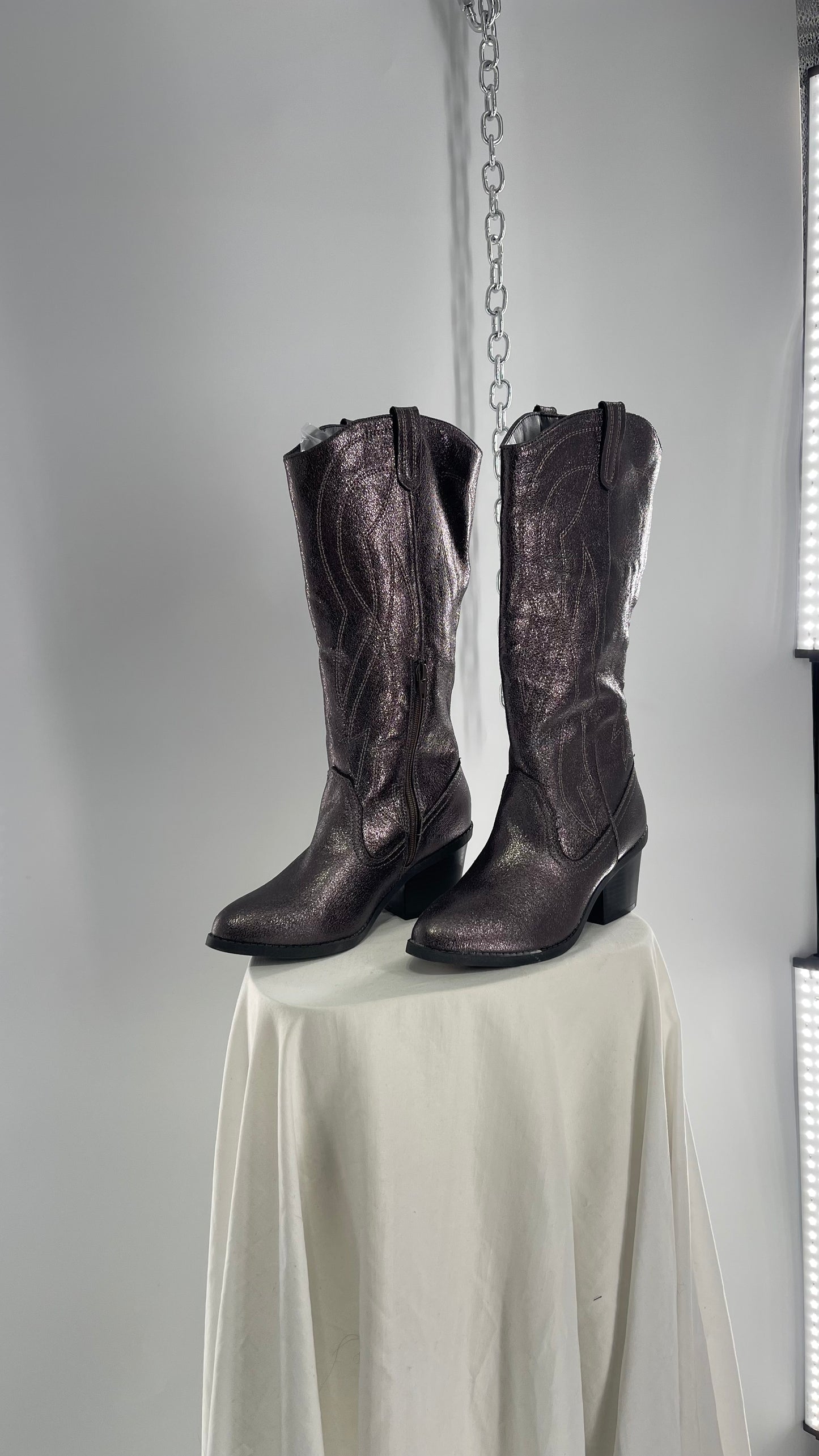 Vintage POP Metallic Silver Knee High Cowgirl Boots with Pointed Toe (6)