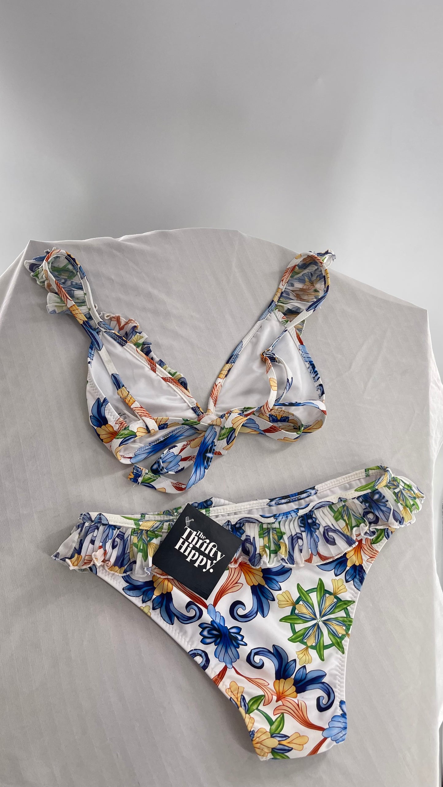 White/Blue Paisley Patterned Ruffle Trim Swim Set (Small)