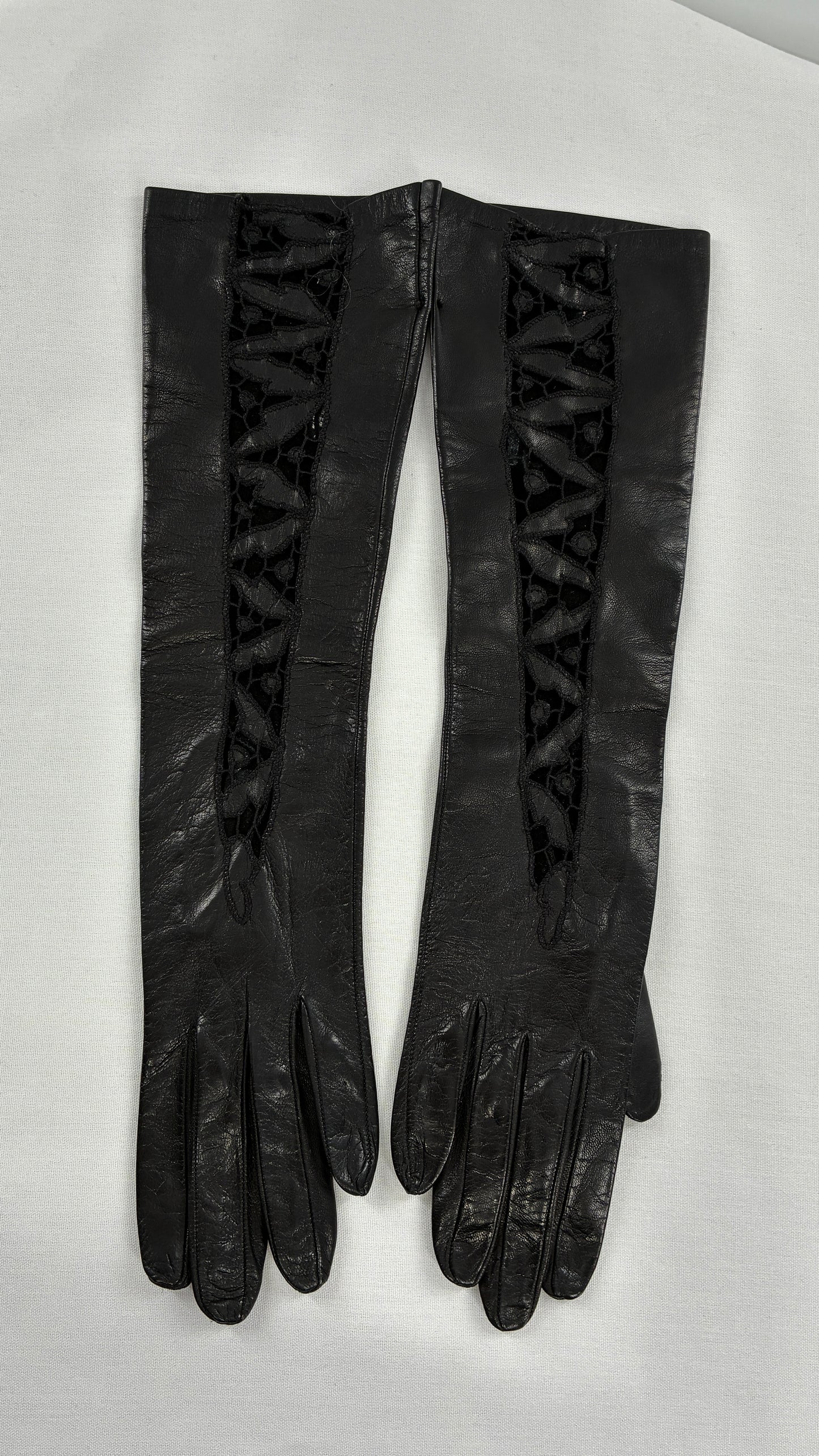 Deadstock Vintage Black Soft Leather Gloves with Lace Detail