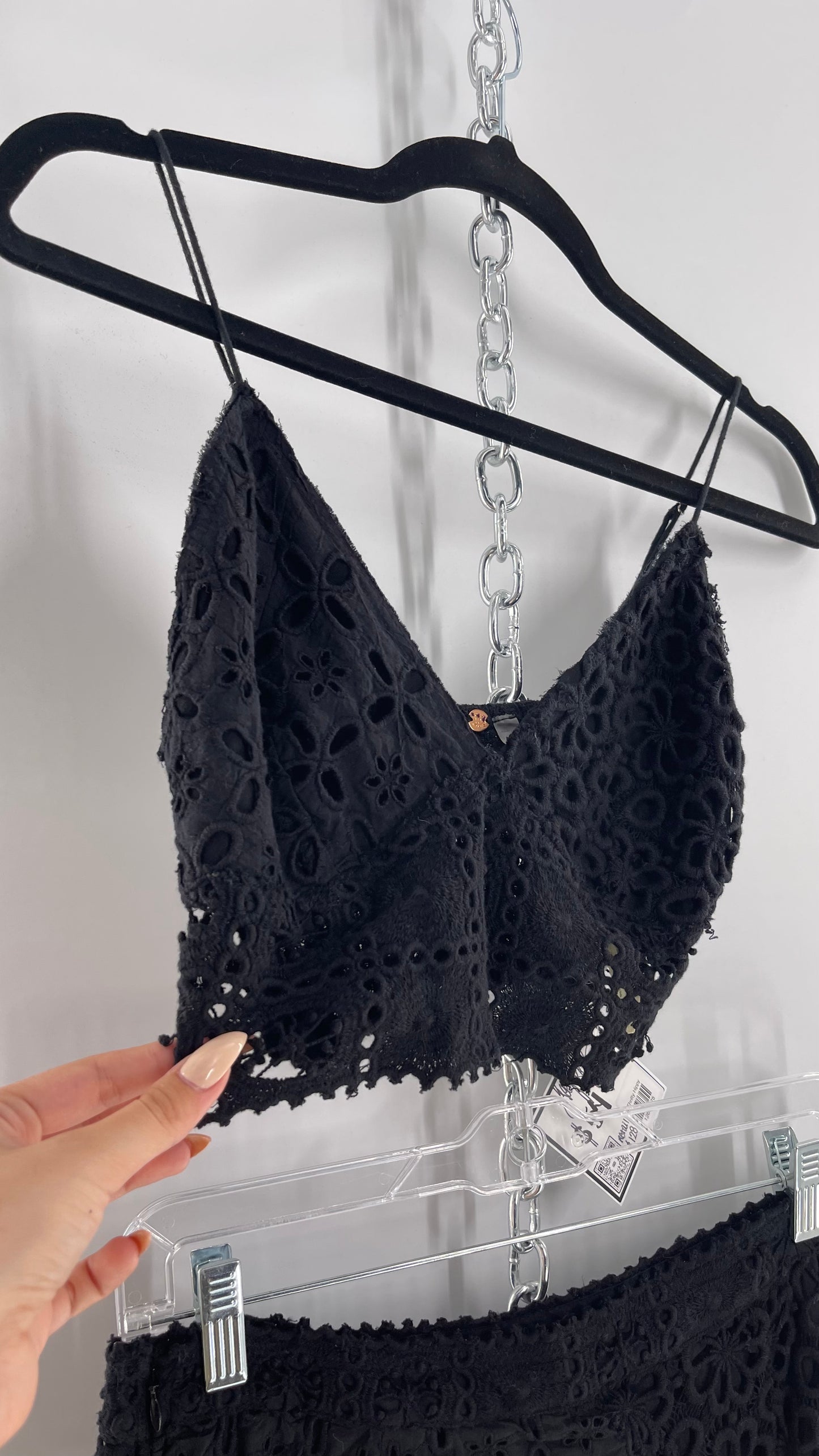 Free People Black Eyelet Lace Mini Skirt and Bustier Set (6)