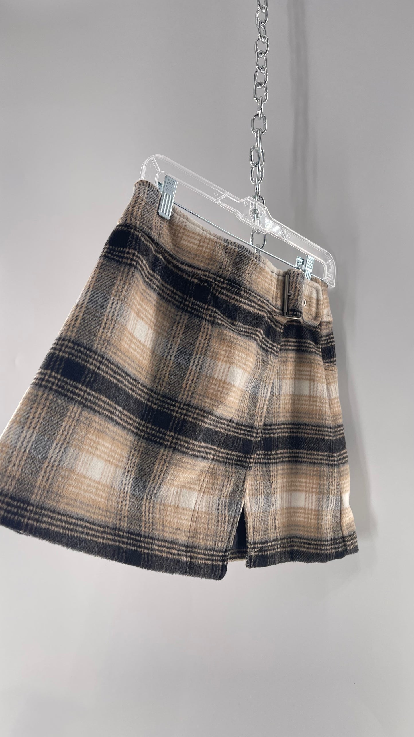Free People Plaid Beige Gray Soft Mini Skirt with Side Slit and Built in Grommet Belt
