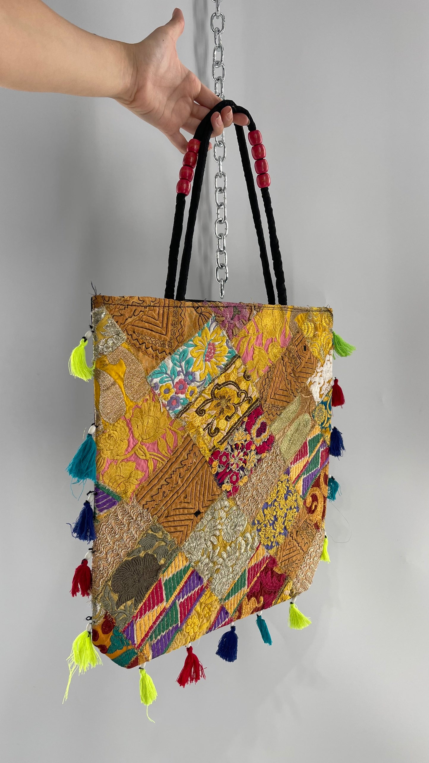 Imported Golden Yellow Patchwork Tote from Brazil with Tassel Detailing
