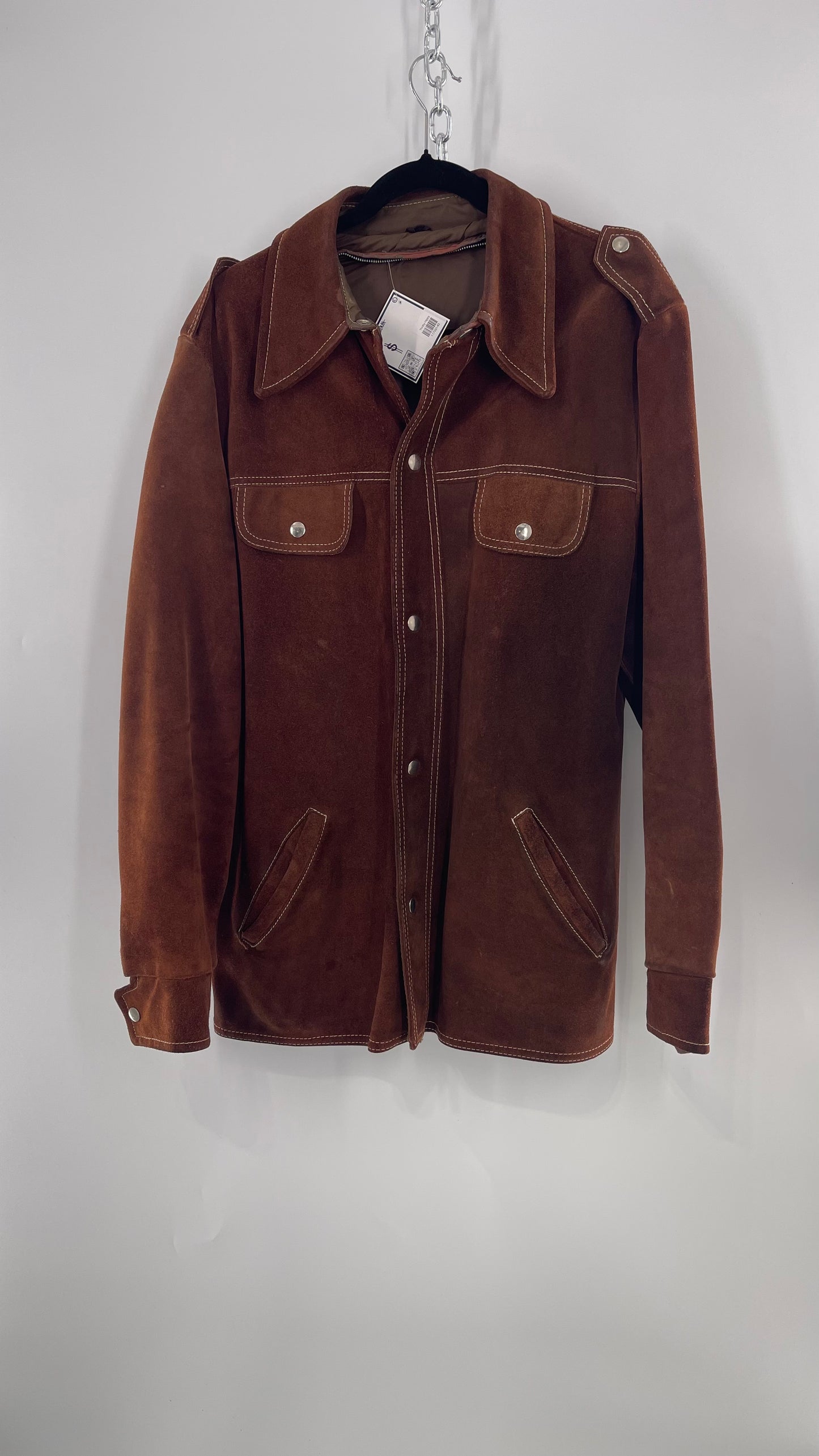 Vintage Brown Suede Jacket with Contrast White Stitching (C)(Large)