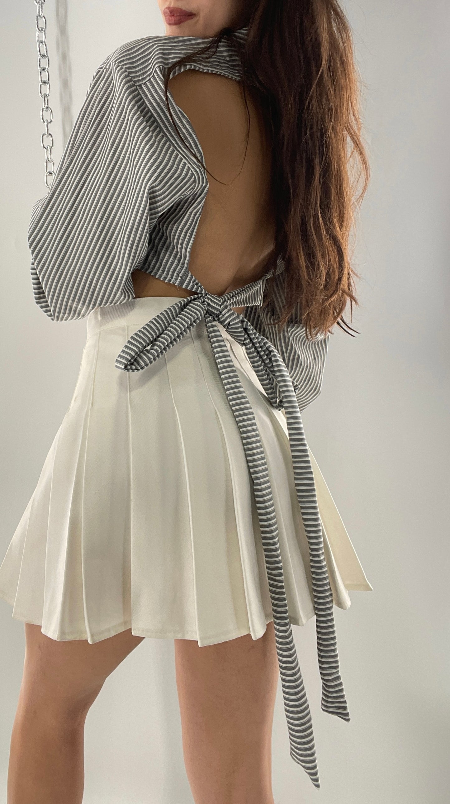 Vintage Reworked Button Front Backless Grey Blue Striped Blouse (One Size)