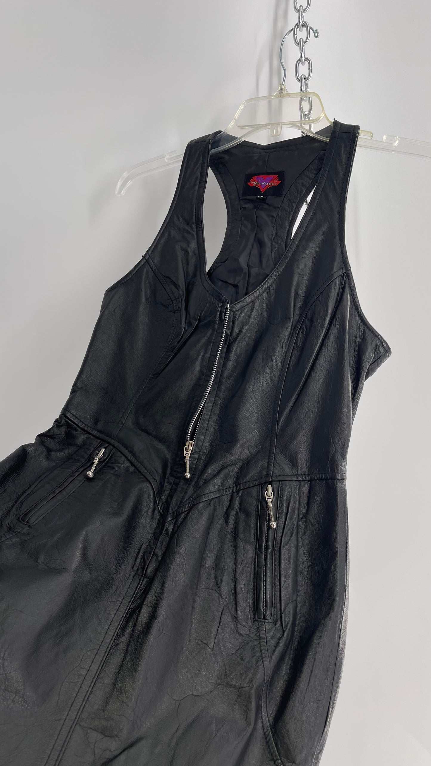 Vintage 1980s VERDUCCI Black Leather Zip Front Mini Dress (Small)