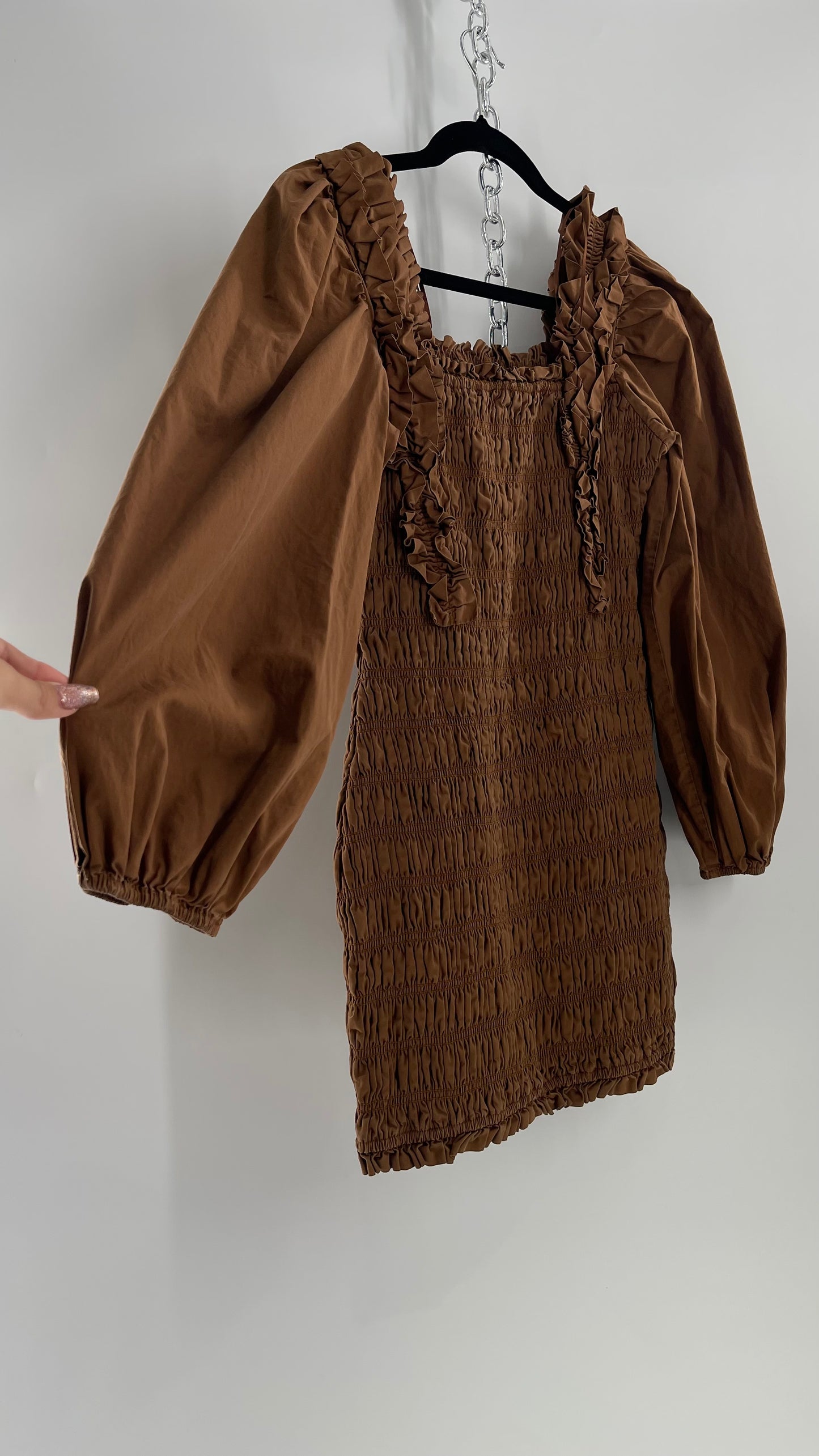 Endless Rose Anthropologie Brown Smocked Ruffle Front Puff Sleeve Mini Dress (Medium)