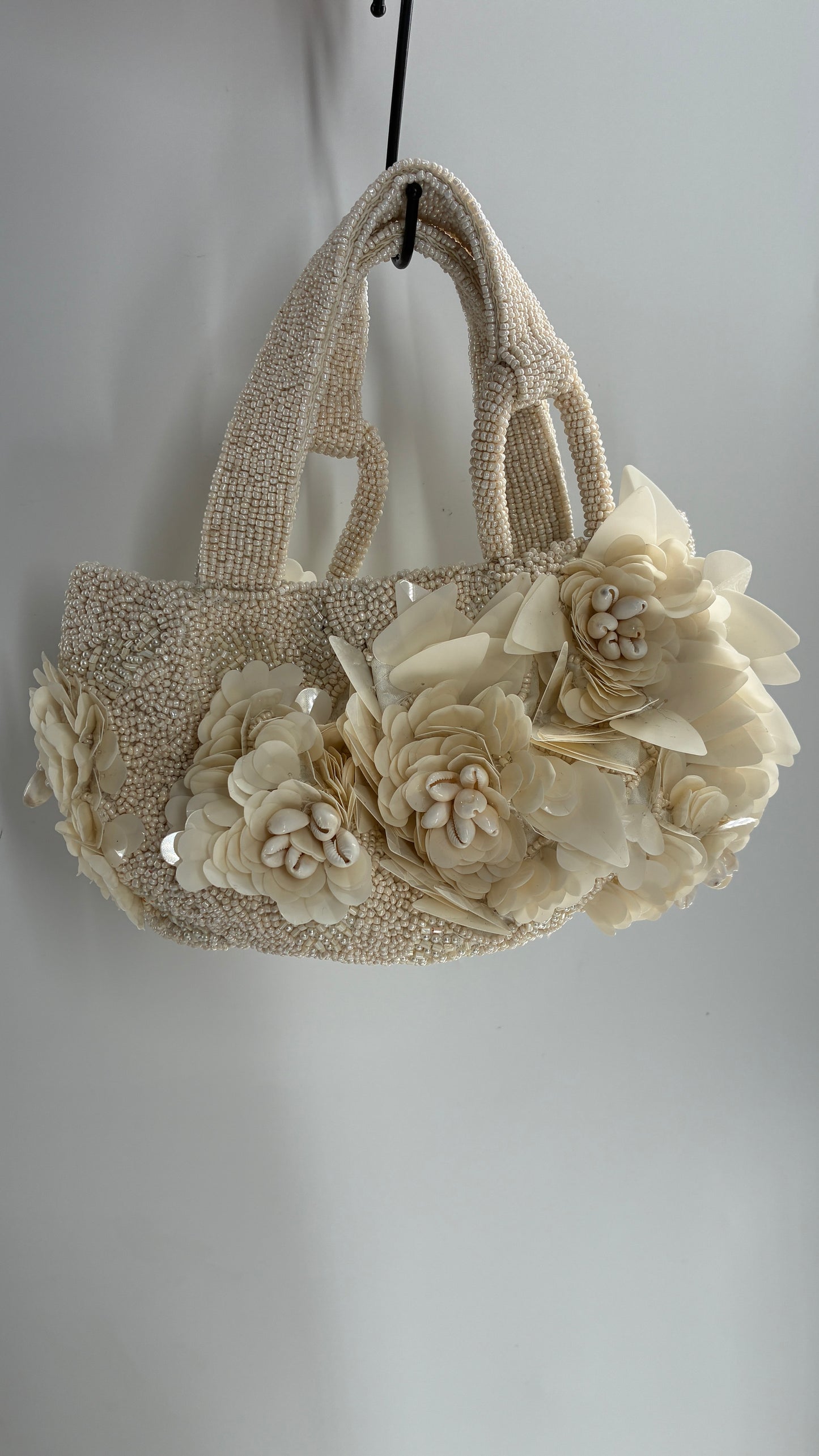 Beaded Off White Purse with Sequin and Shell Flowers
