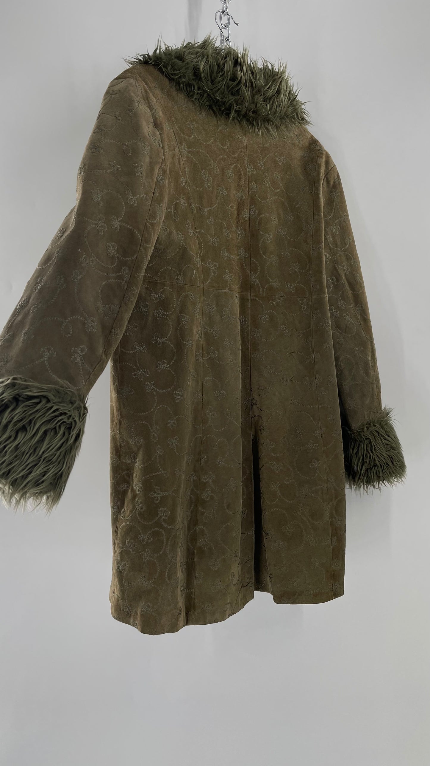 Vintage STATIC Embroidered Genuine Leather Coat with Fur Cuffs and Collar (C) (XL)