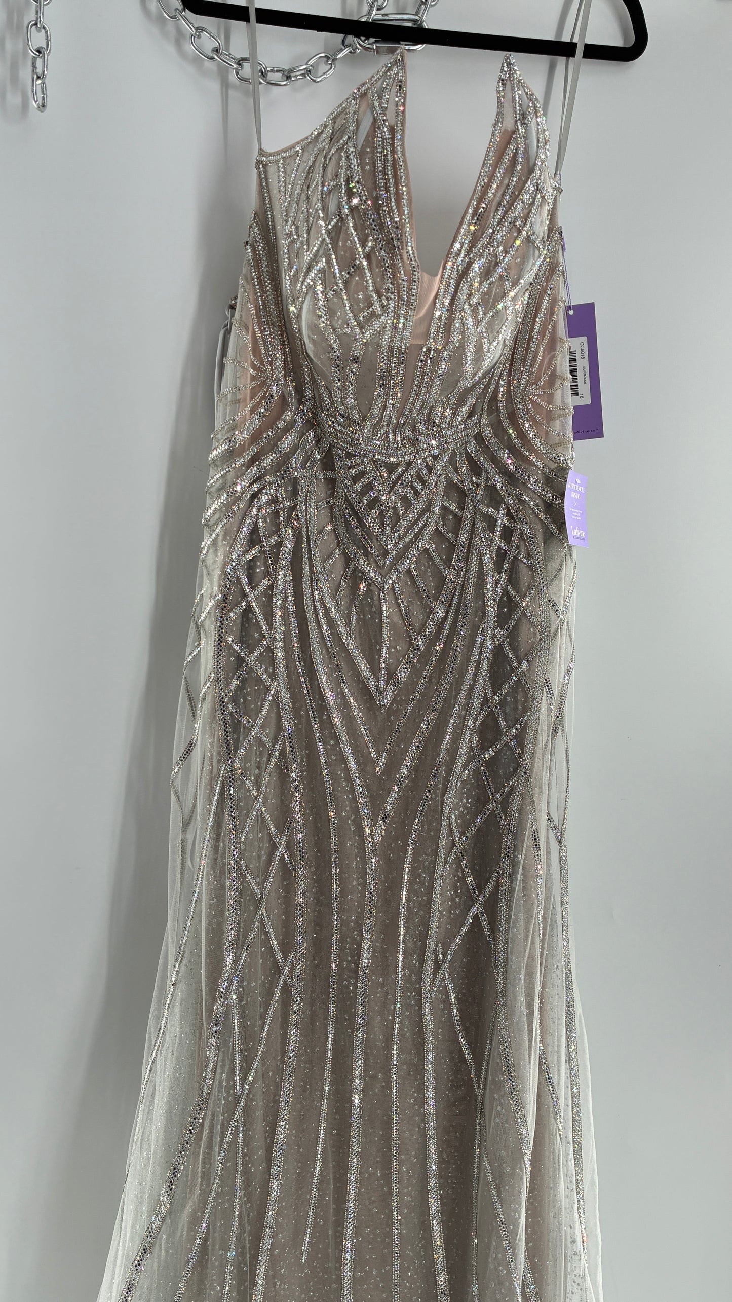 NWT LADIVINE by Cinderella Divine Silver Nude CC6018 Mermaid Corseted Gown with Multiple Layers of Tulle, Covered in Crystal Strips (16)