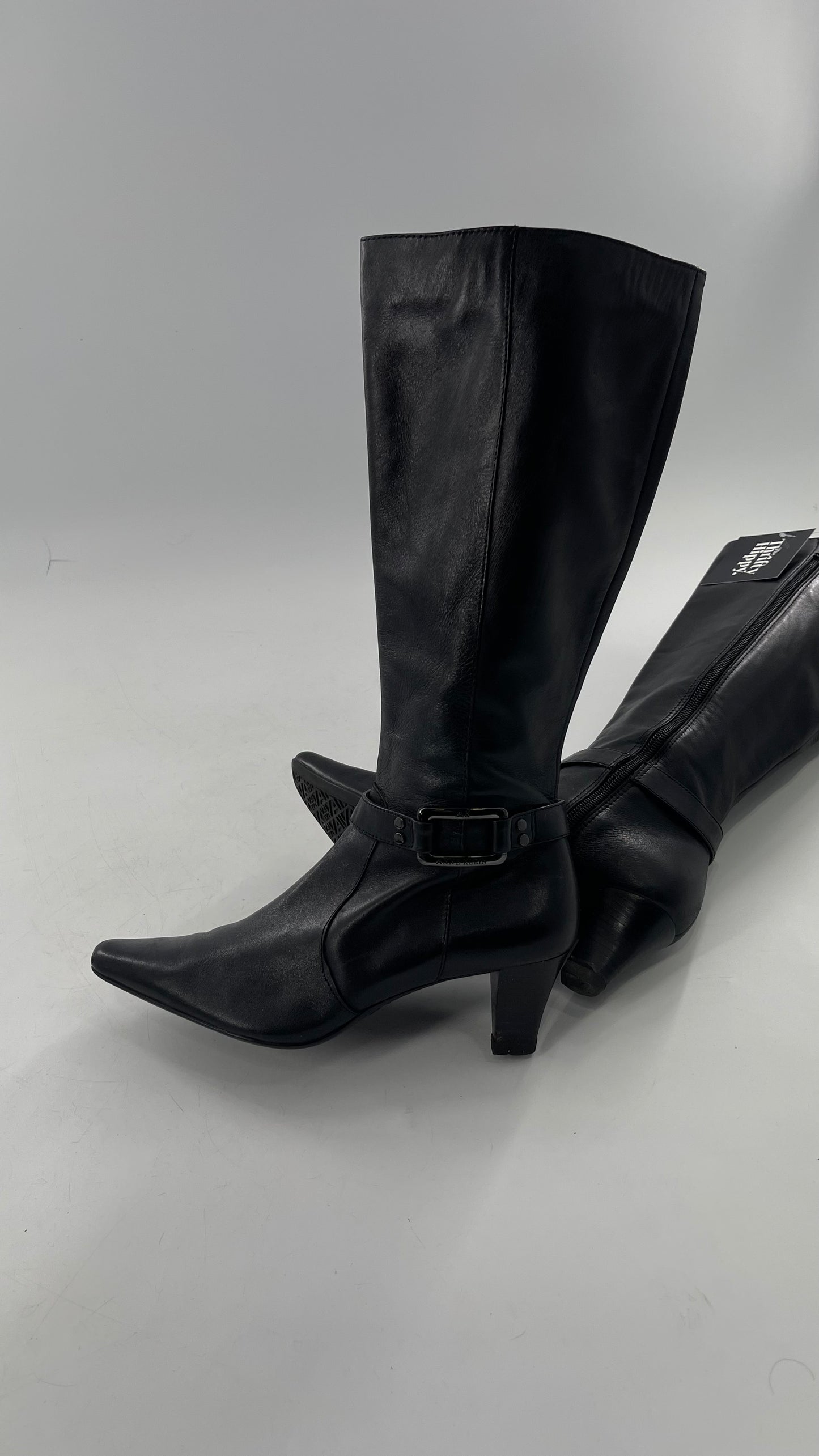 Vintage Black Anne Klein Leather Knee High Boots with Pointed Toe and Ankle Metal Buckle Detail (8)