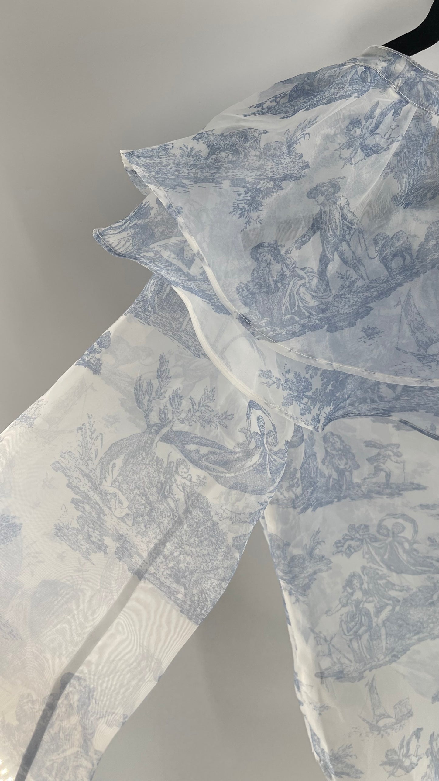 Laura Ashley Urban Outfitters Voile Sheer Ruffled Shoulder Button Up with Blue Vintage Print (XS)