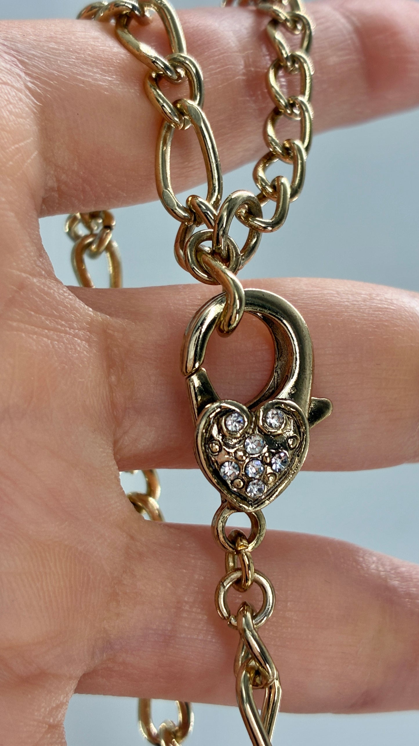 Gold Link Bracelet with Rhinestone Encrusted Heart Clasp