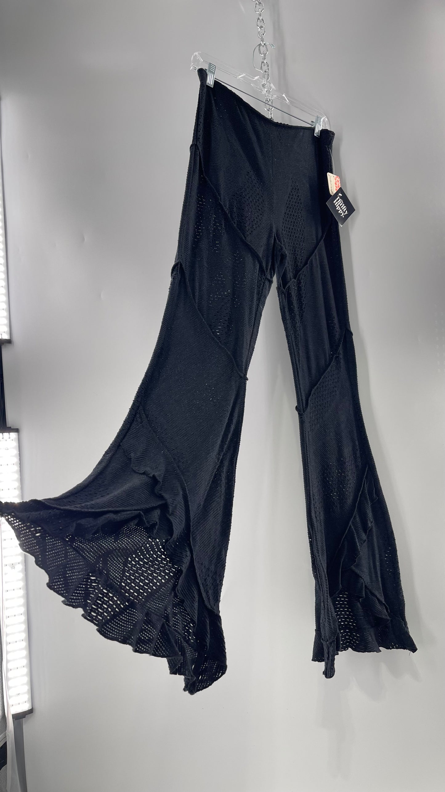 Free People Black Midnight Grey Mixed Pattern Kickflares with High Low Hem, Exposed Seams and Distressing Tags Attached (Medium)