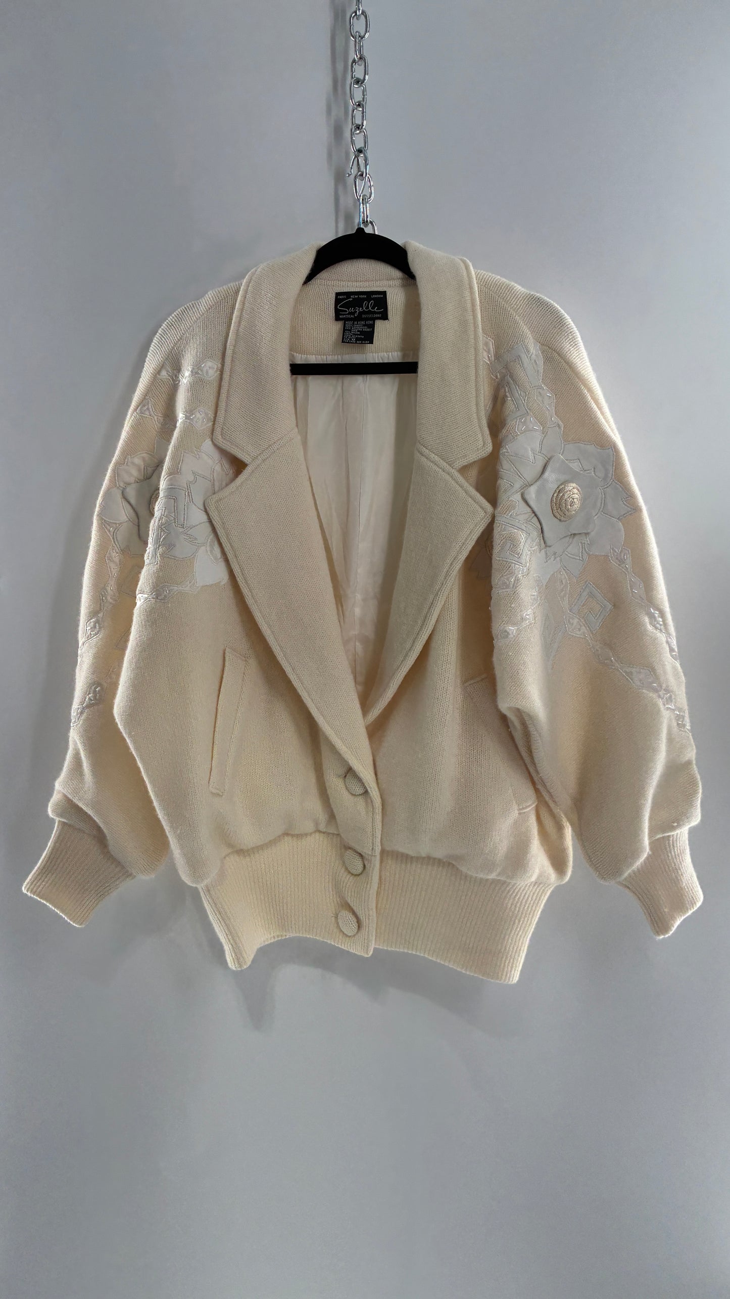 Vintage SUZELLE 70% Lambswool, 20% Angora Rabbit Off White Woven Bomber Jacket with Leather Flower Appliqués (Medium)