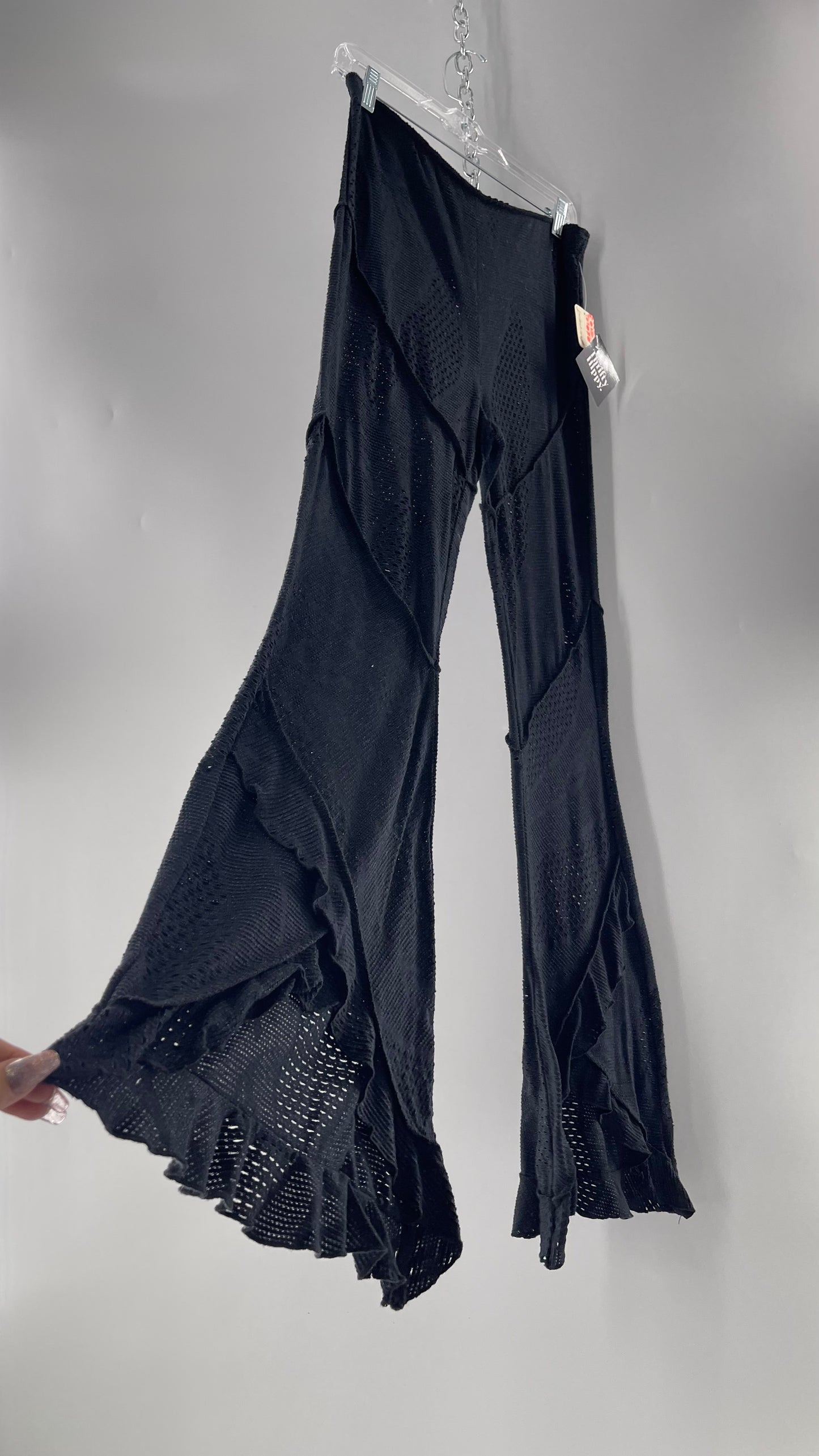 Free People Black Midnight Grey Mixed Pattern Kickflares with High Low Hem, Exposed Seams and Distressing Tags Attached (Medium)