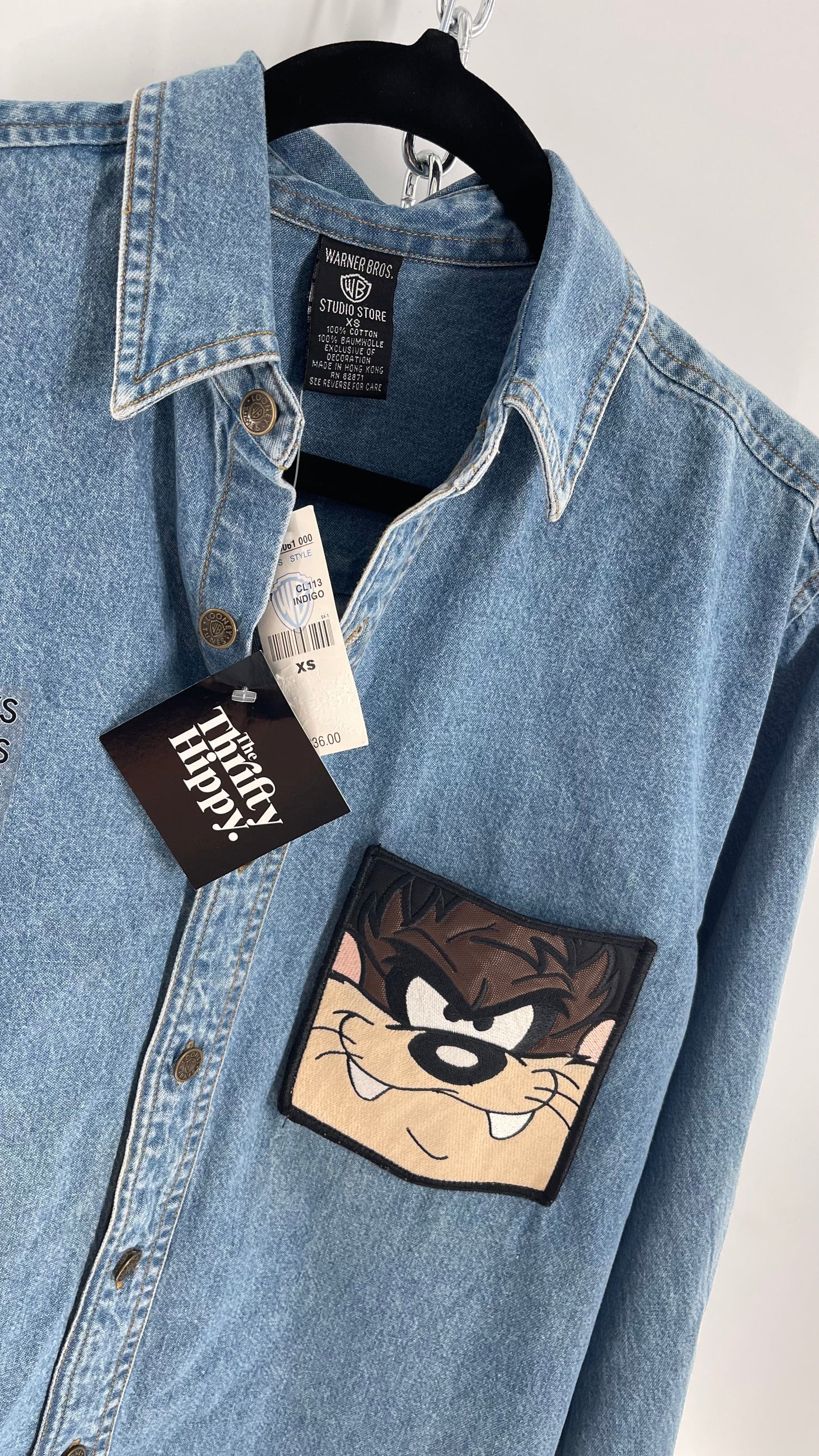 Deadstock Vintage Warner Bros Looney Tunes Denim Longsleeve with Embroidered Taz Pocket (XS/S)