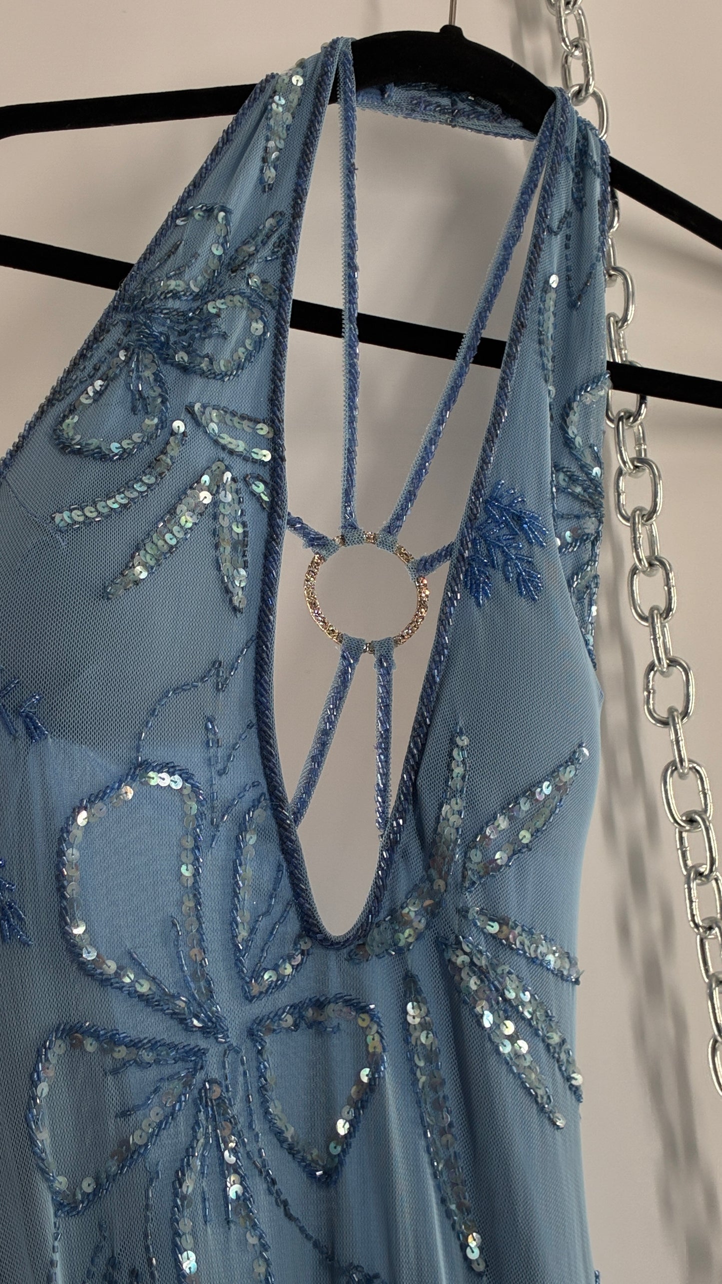 Vintage 1990s Powder Blue Gown Covered in Beaded Appliqué Tropical Designs with Strappy Bust and Low, Open Back (S/M, stretchy no size marked)