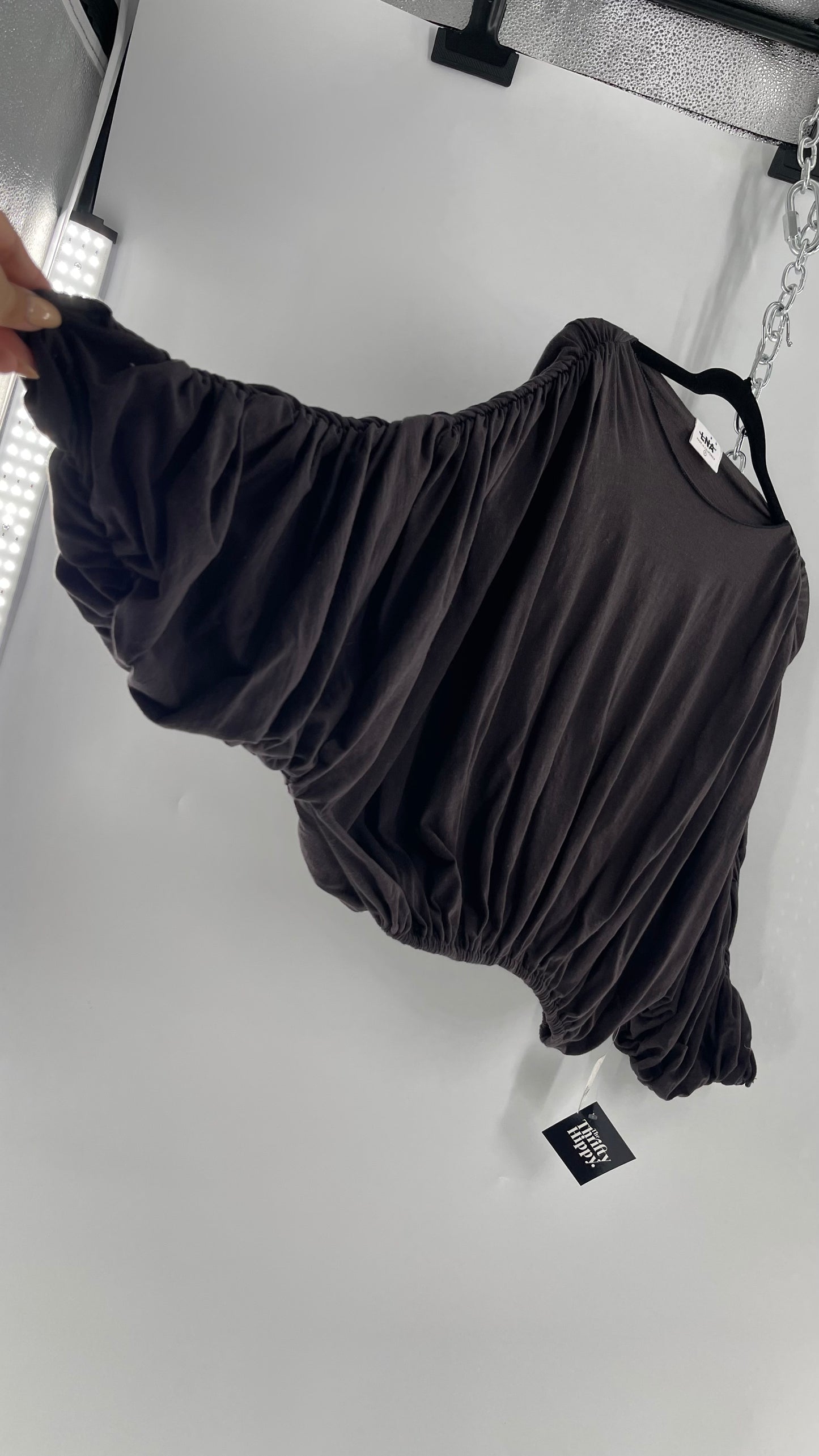 LNA California Made Free People Distopian Dark Grey Drape, Slouchy Ruched Long Sleeve with Tags Attached (Small)