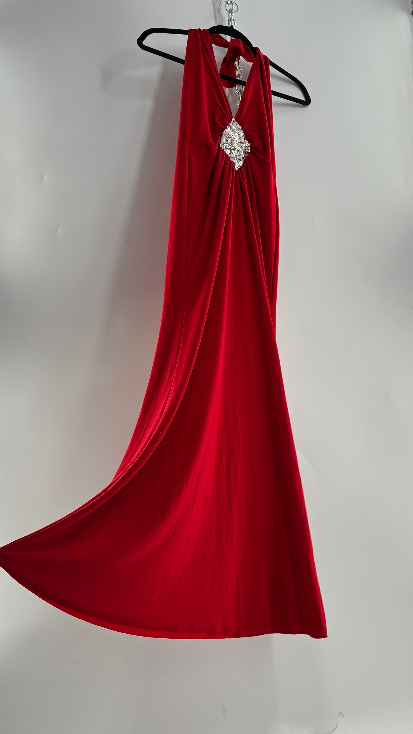 Vintage SYMPHONY Lycra Red Halter Full Length Dress with Sequin Bust Detail (Small)
