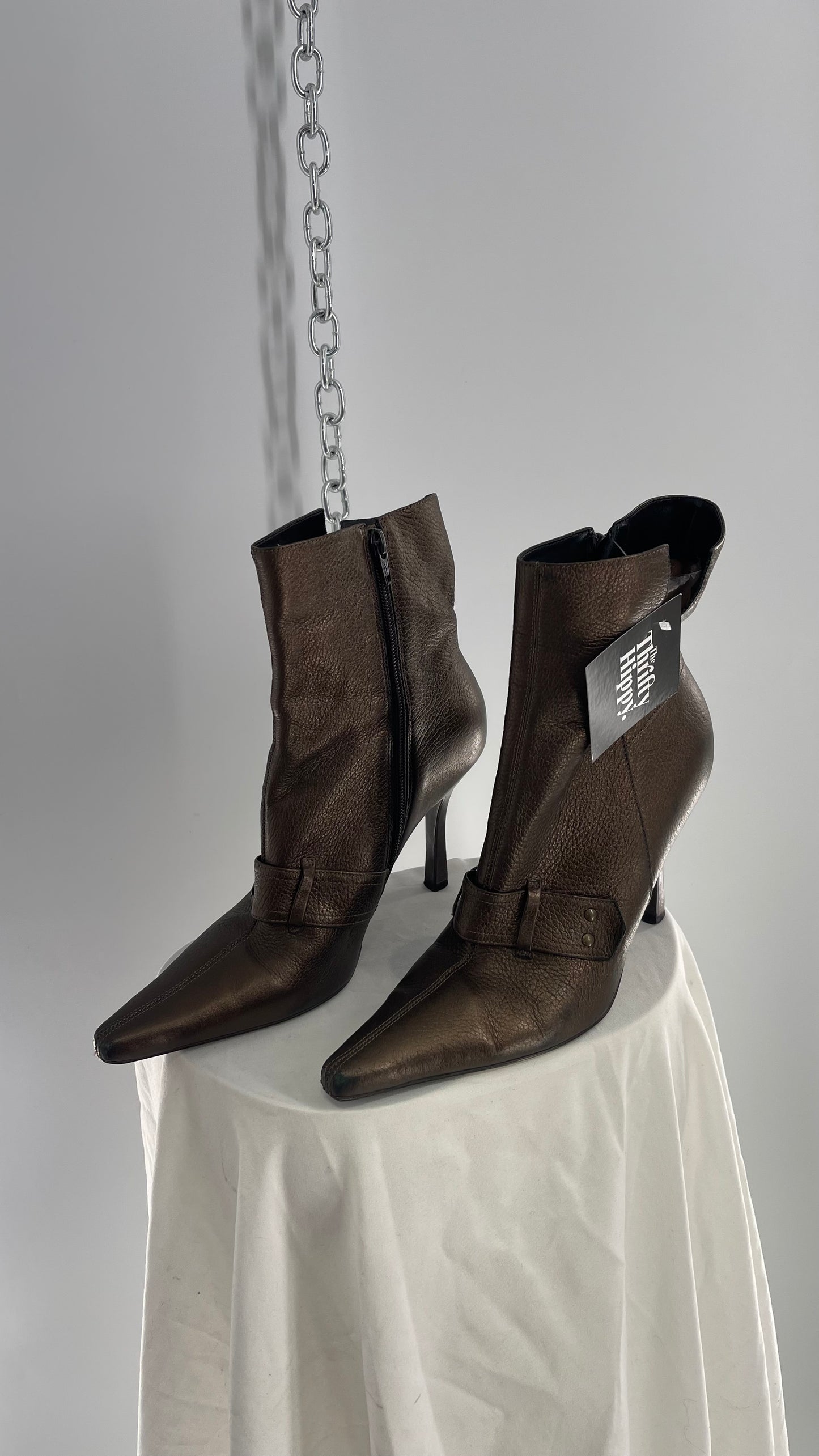 Vintage GIANNI Metallic Bronze Pointed Toe Buckle Strap Boots Made in Brazil (38)