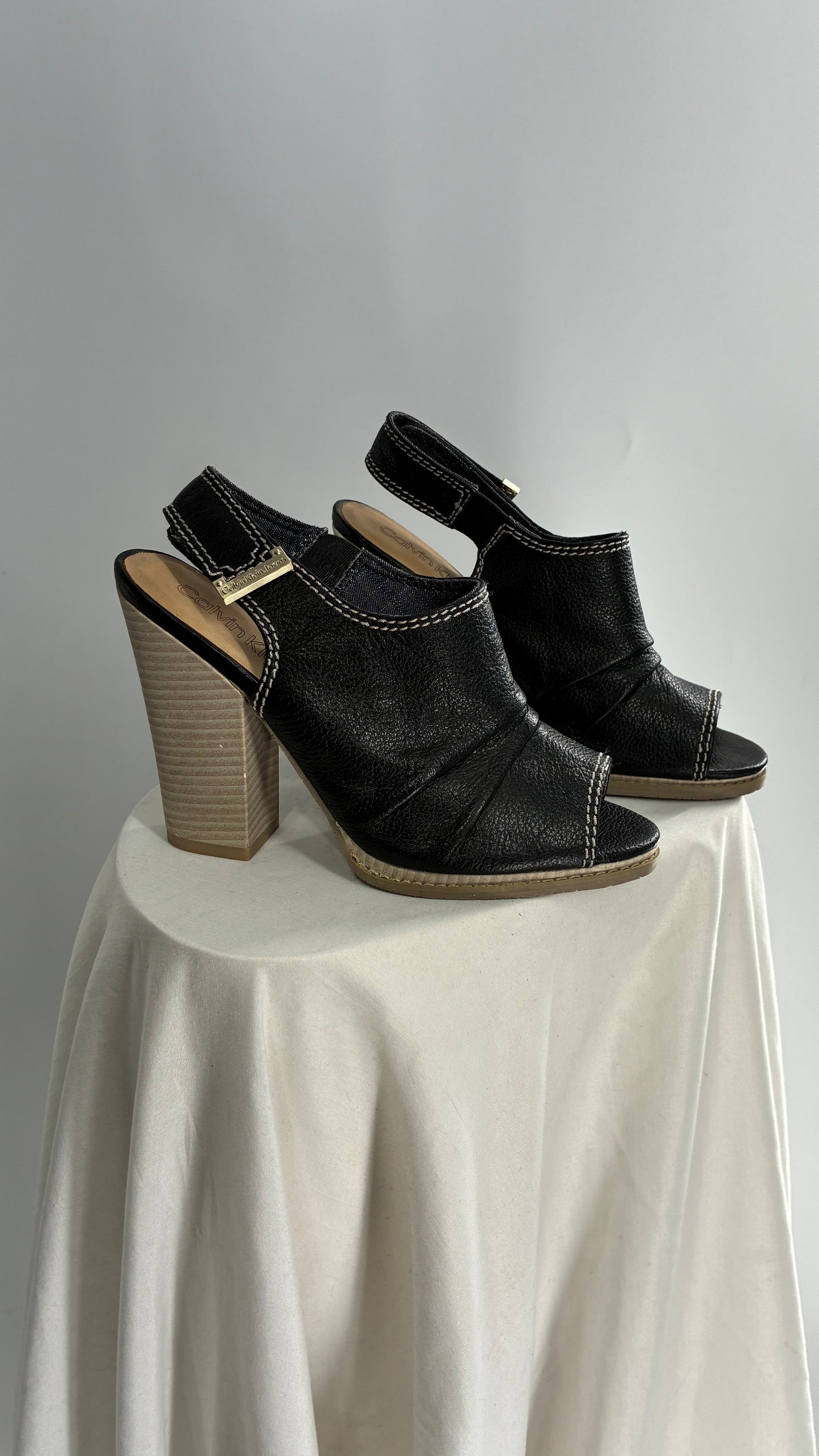 Calvin Klein Peep Toe, Ruched Black Leather Block Heel Slingbacks (7.5)