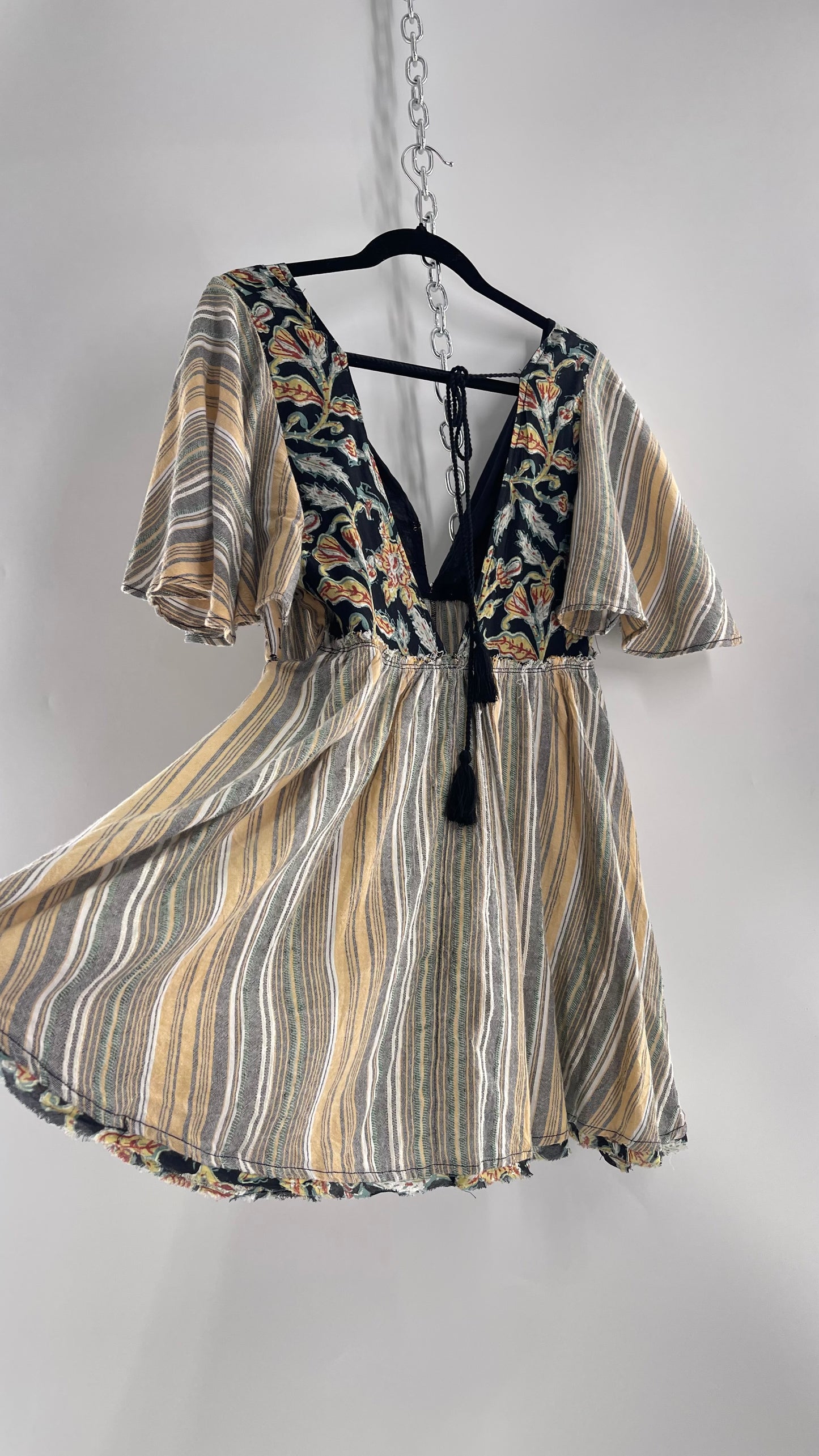 Free People Dual Fabric Floral/Woven Boho Babydoll Mini Dress (XS)