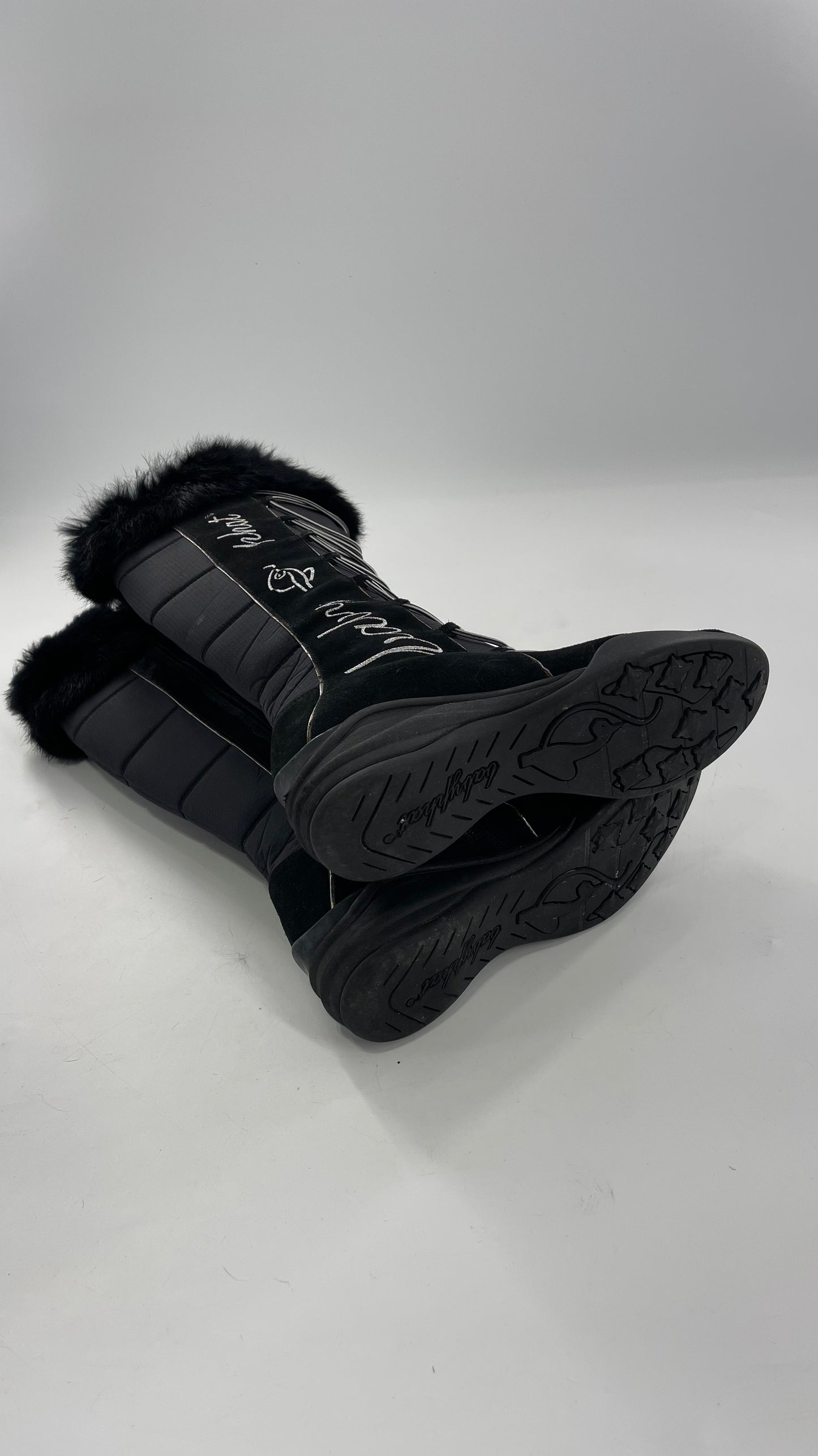 Baby Phat Black Knee High Boots with Rabbit Fur Trim, Bungee Cord Ties, and Embroidered Logo Design (8)