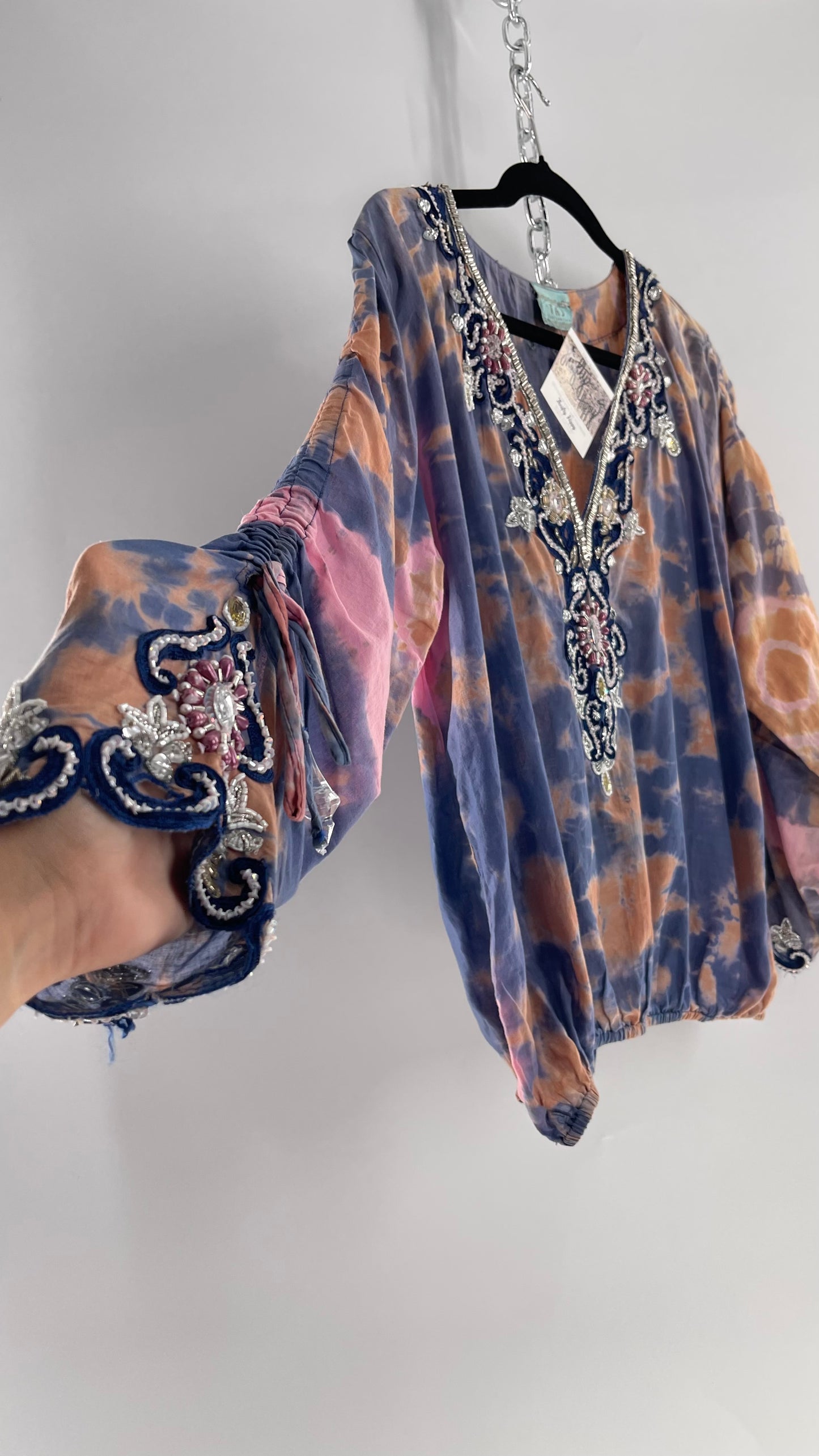 TAJ by Sabrina Crippa Tie Dye Blouse with Gemstone Encrusted Neckline and Ruched Beaded Sleeves (S/M)