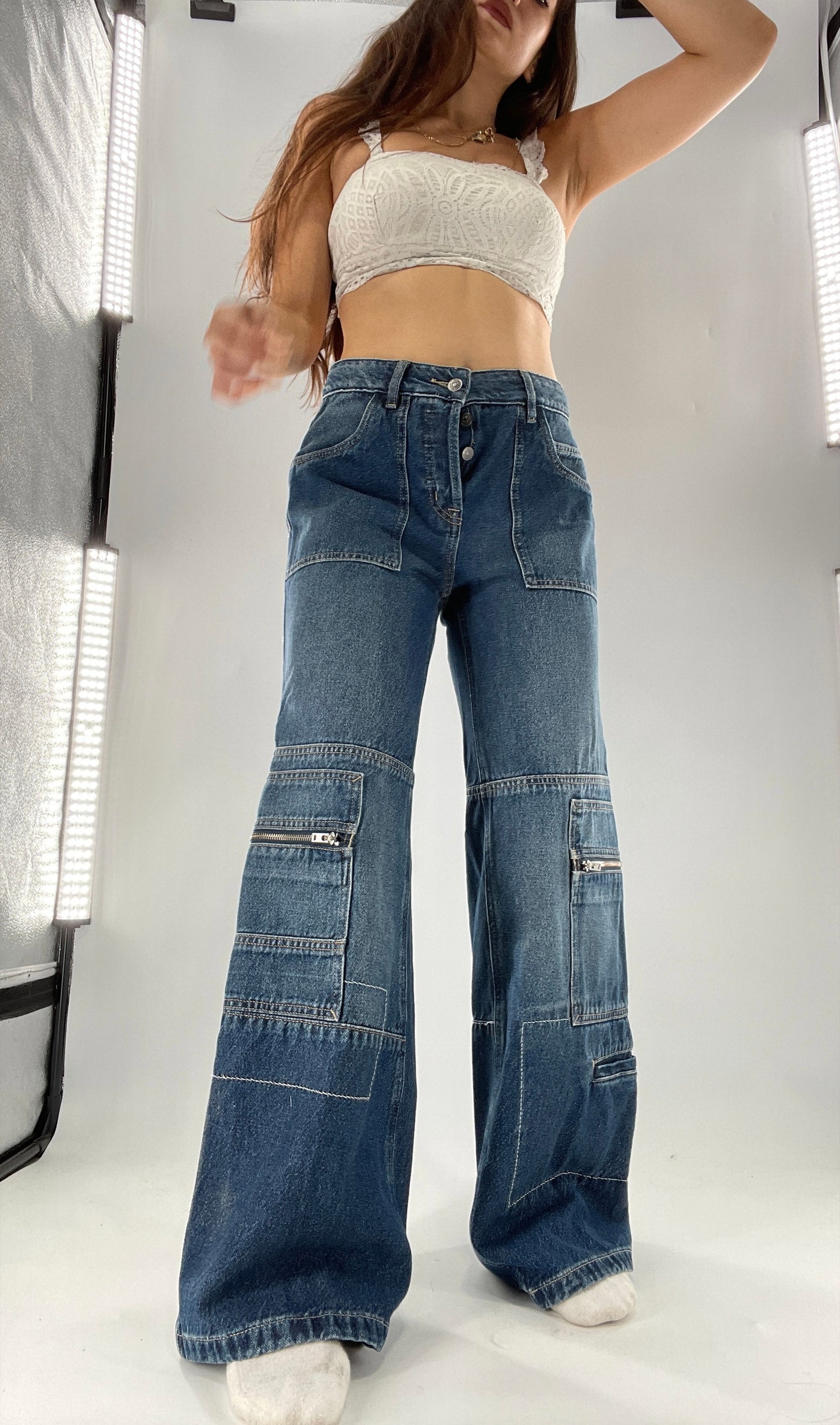 Free People Medium Wash Baggy Straight Legs Jeans Covered in Zippers, Pockets, Stitching (28)