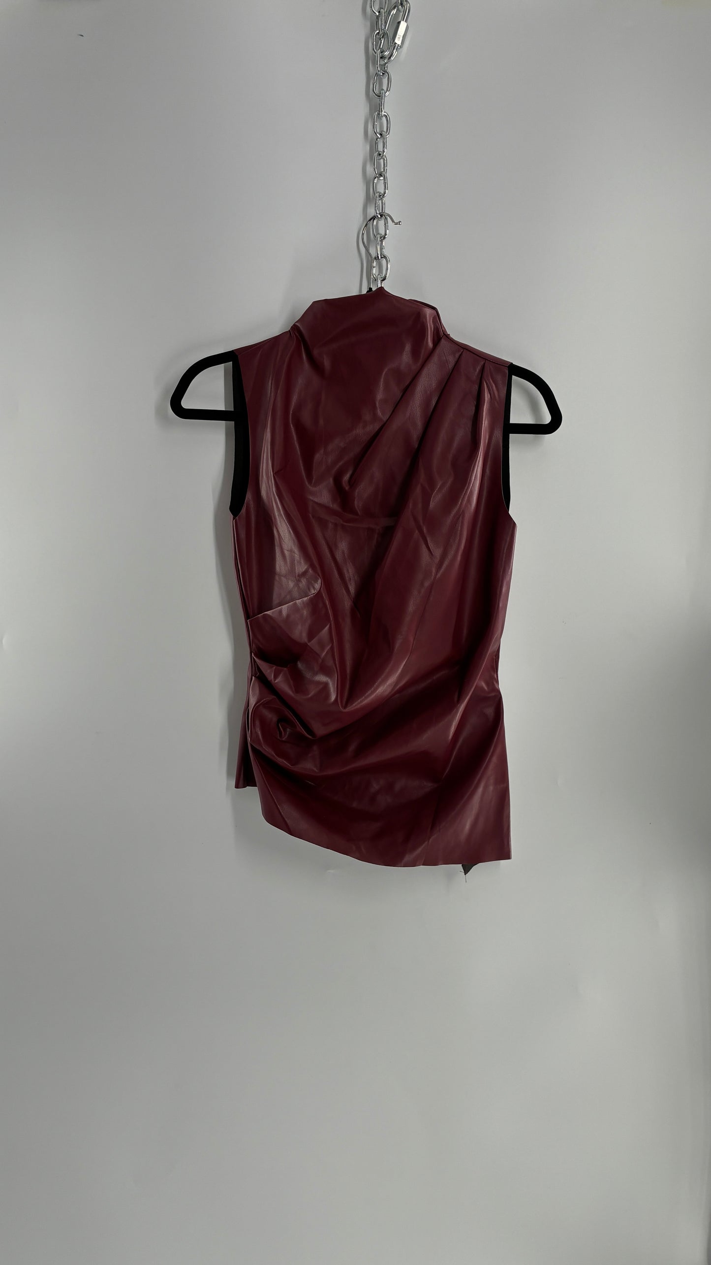 Faux Leather Maroon Ruched High Neck Asymmetric Sleeveless Top (Medium)