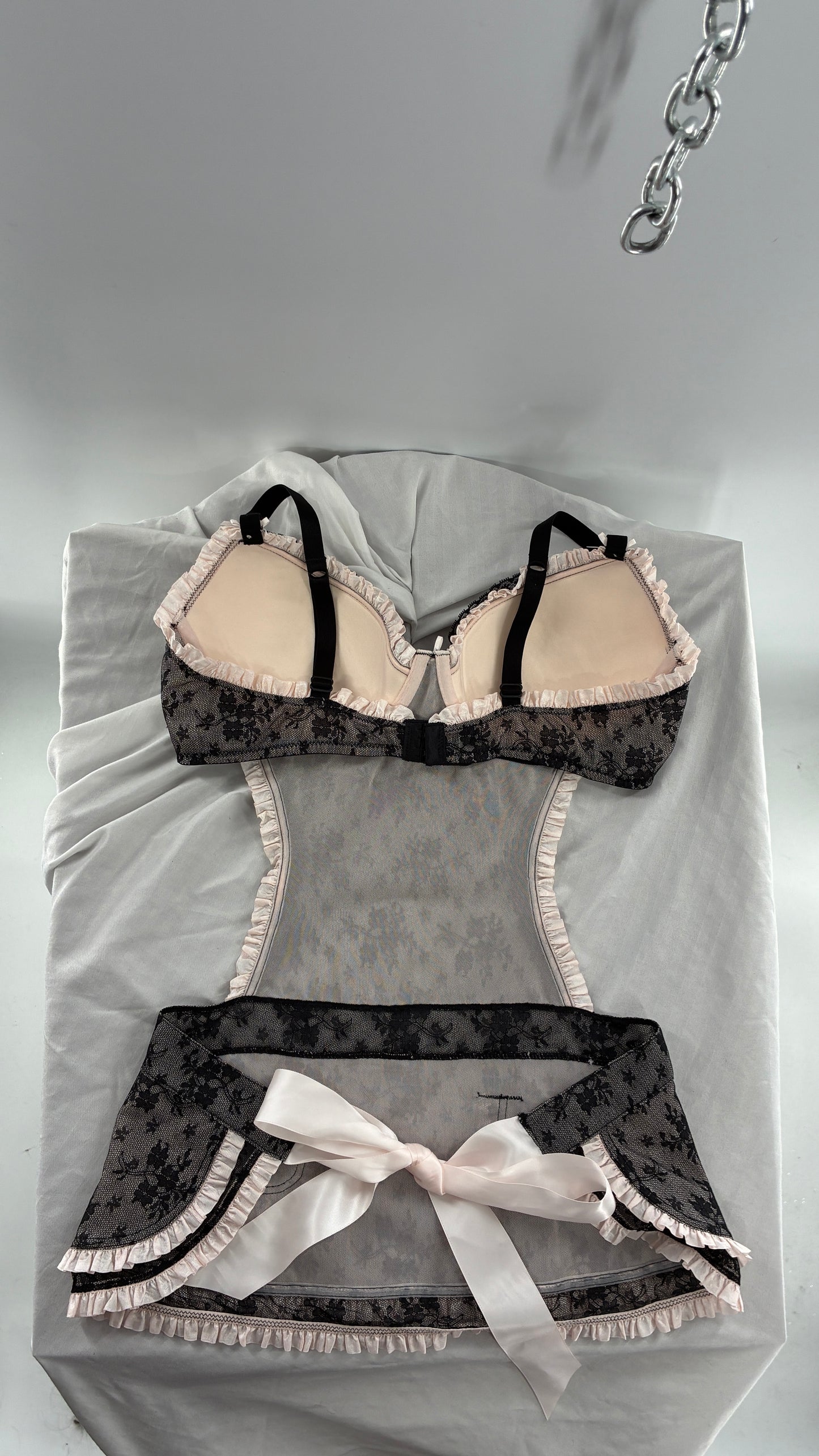 Victoria’s Secret Black Lace Apron Style Camisole Lingerie with Bow Back Ribbon (36D)