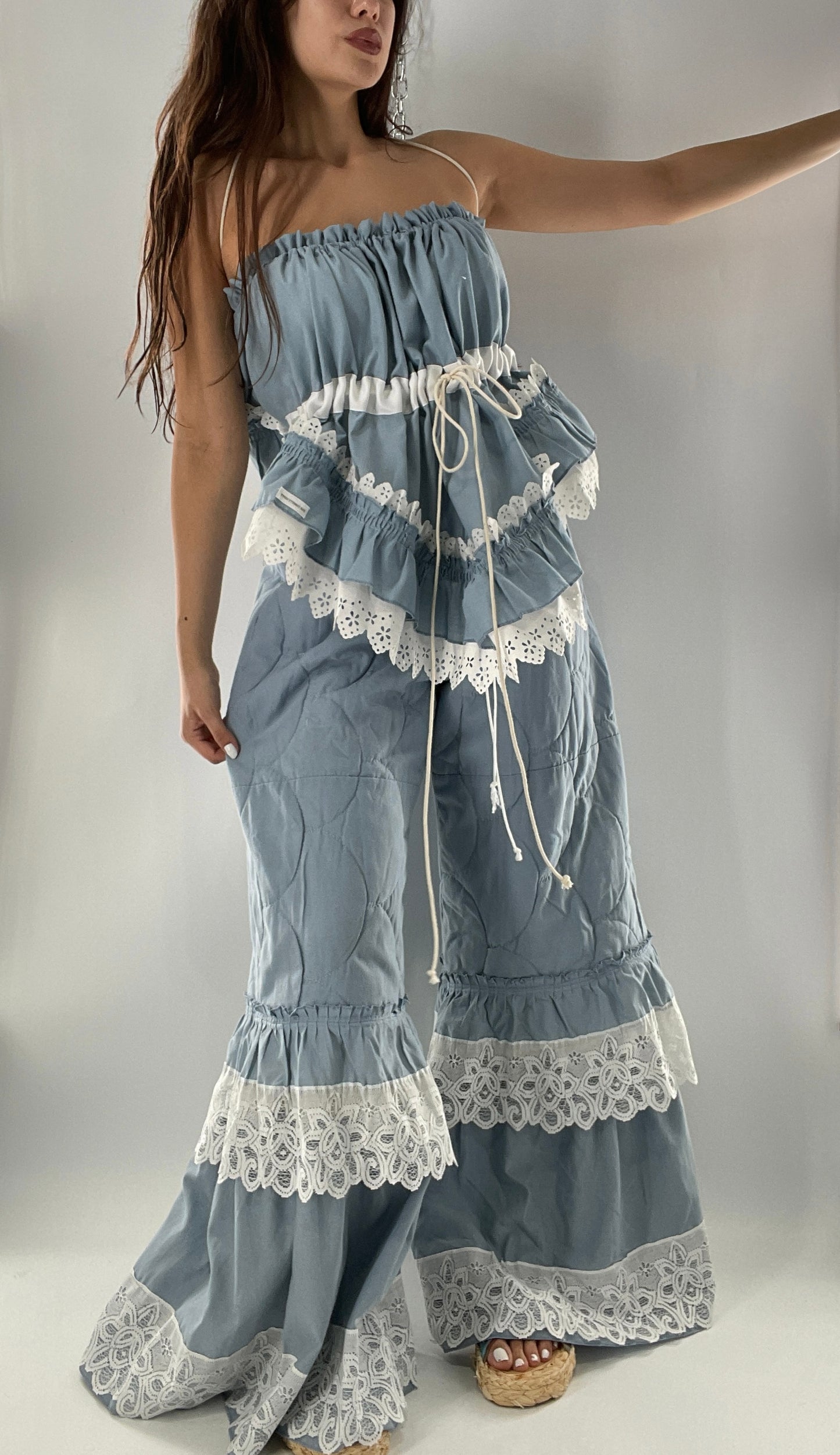 Vintage 2 Piece Powder Blue Set Featuring 2Way Blouse and Quilted Trousers Covered in Ruffles, Lace and Trim (One Size)