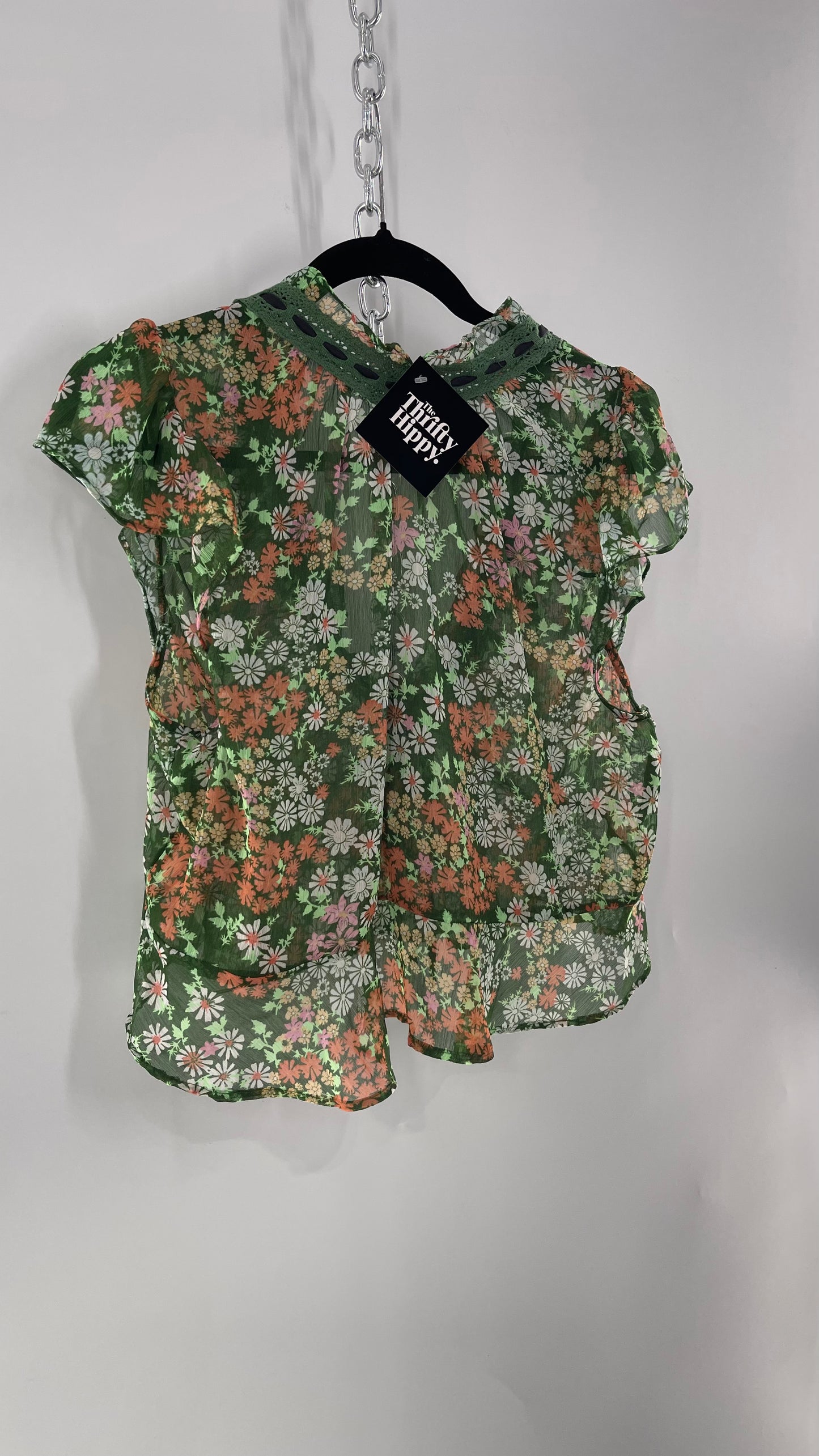 Free People Green Floral Blouse with Green Lace Neckline and Black Velvet Ribbon (Large)