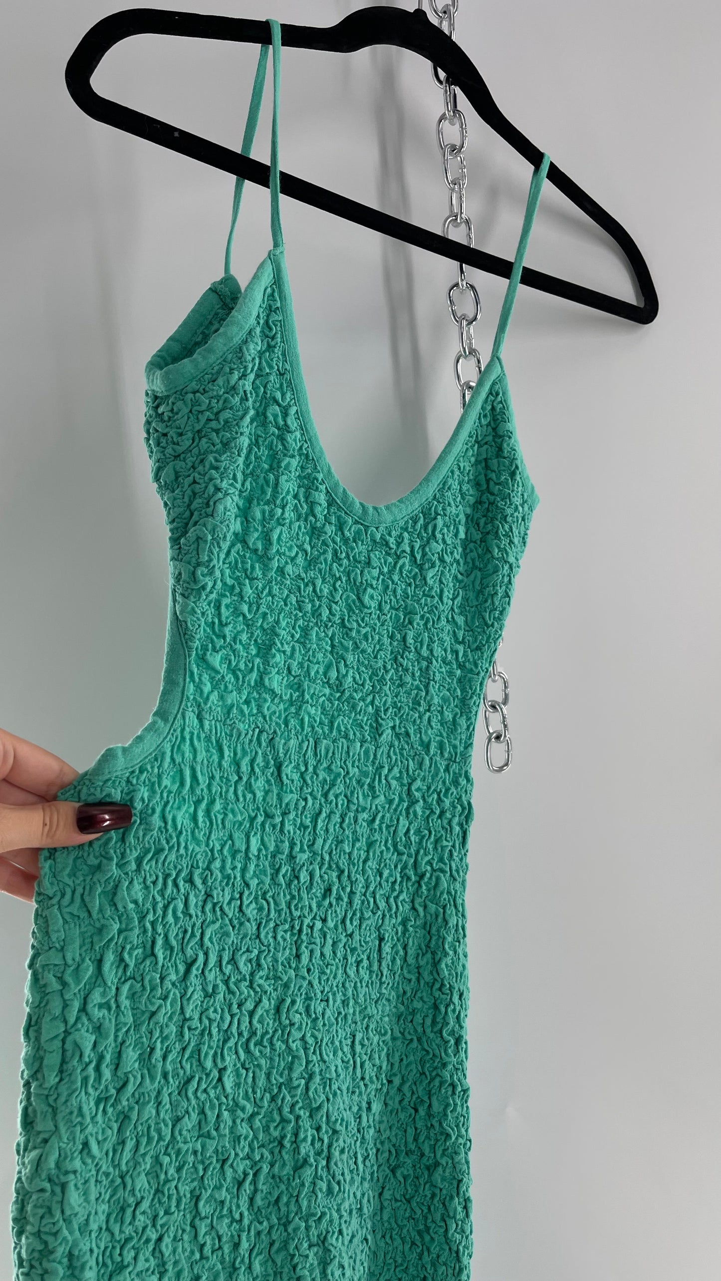 Free People Kelly Green Popcorn Maxi Dress with Low, Open Back Detail (XS)