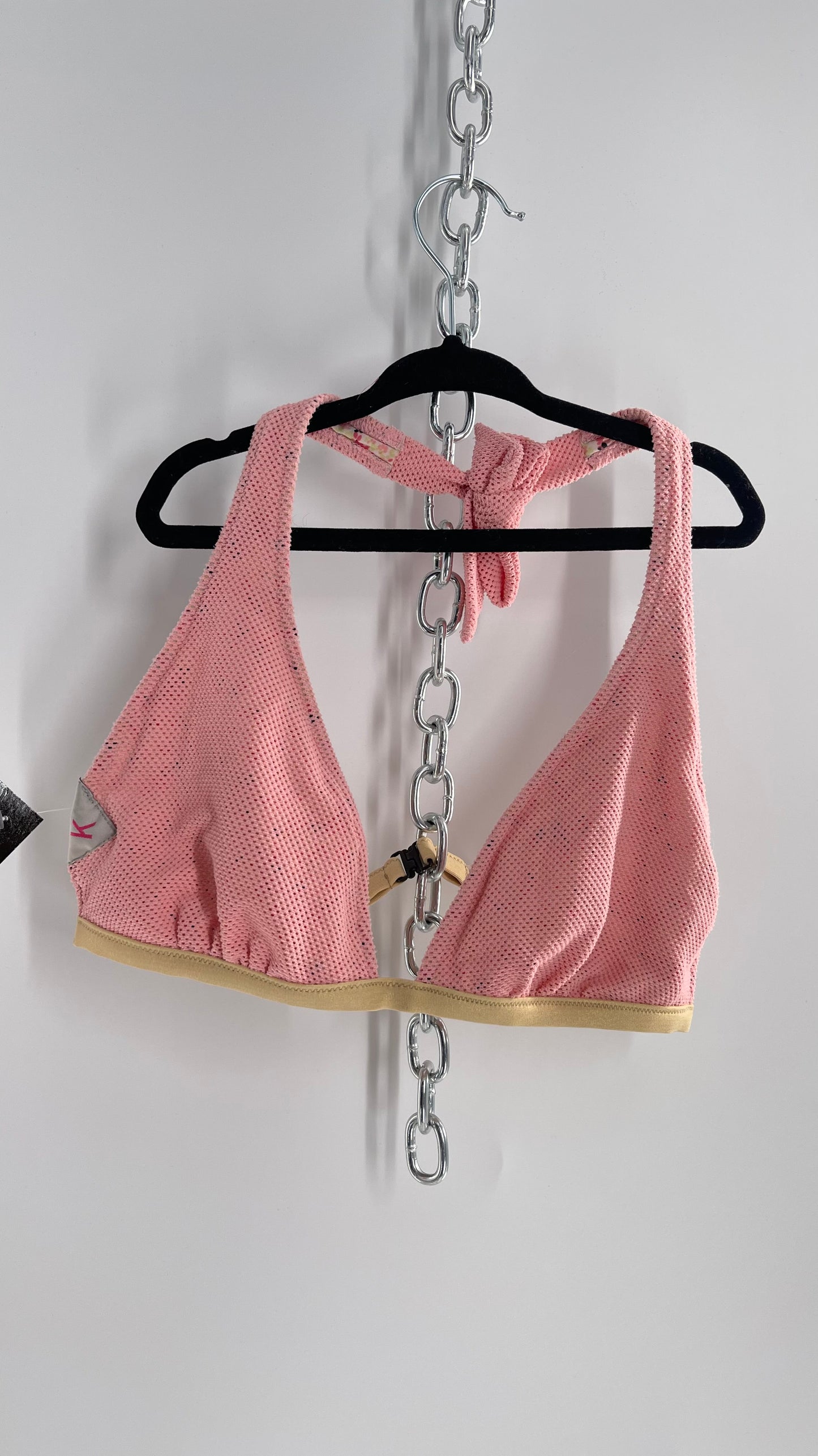 K ti per te Pink Floral and Mesh Halter Swim Top with Gold Glitter Strap (Medium)