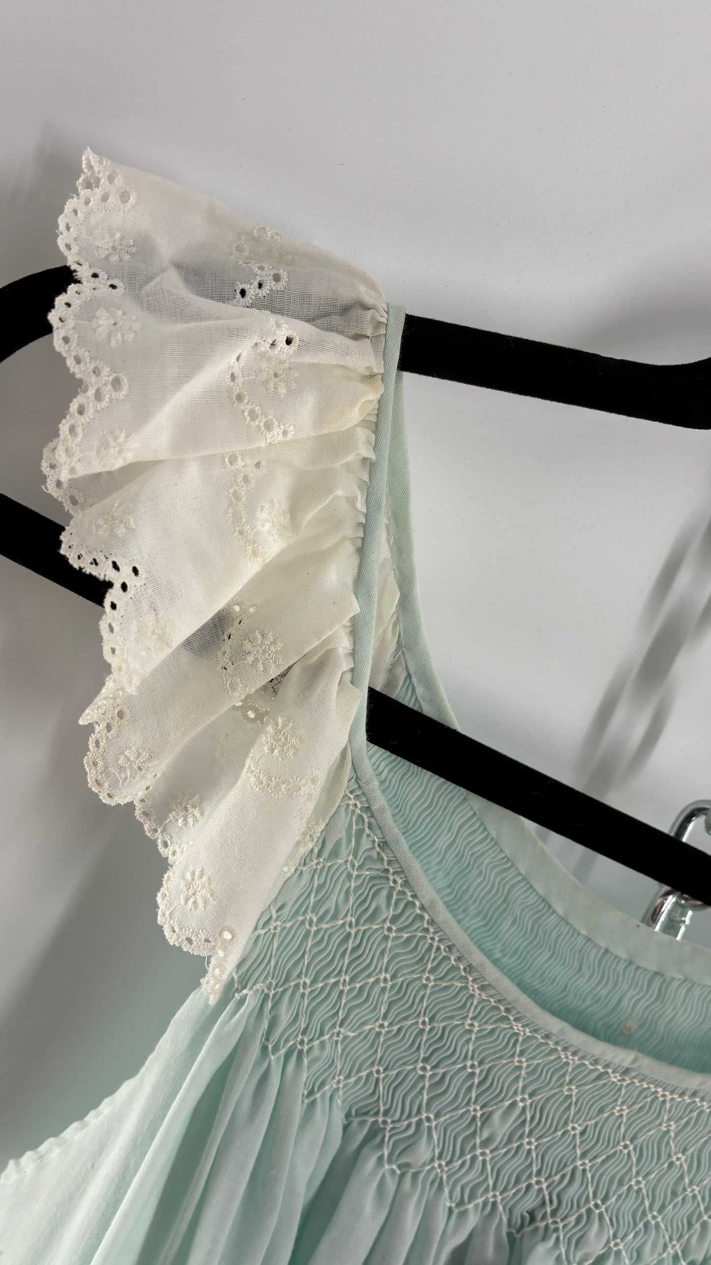 Vintage Baby Blue Nightgown Maxi with White Scalloped Lace Straps and Hem (Medium)