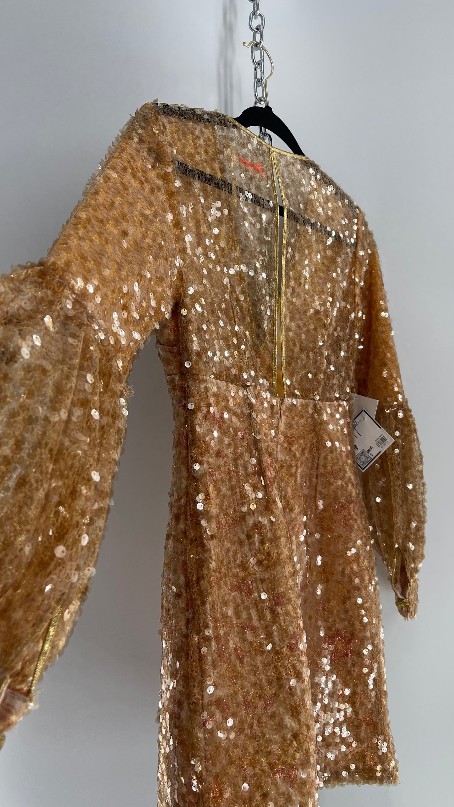 Free People Tapestry Underlay and Gold Sequin Overlay A-Line Mini Dress with Bubble Sleeves
(2)