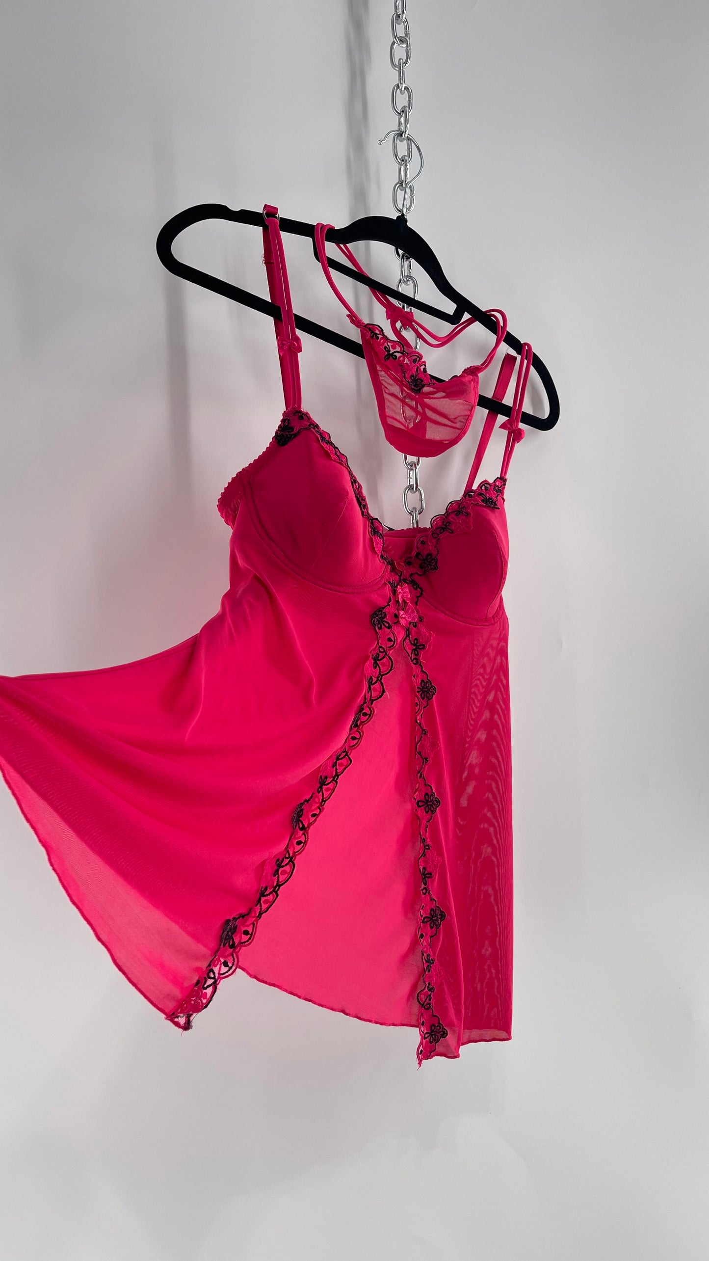 Vintage HOT Hot Pink Vented Babydoll Top and Thong Set with Black Embroidery and Bows (Medium)