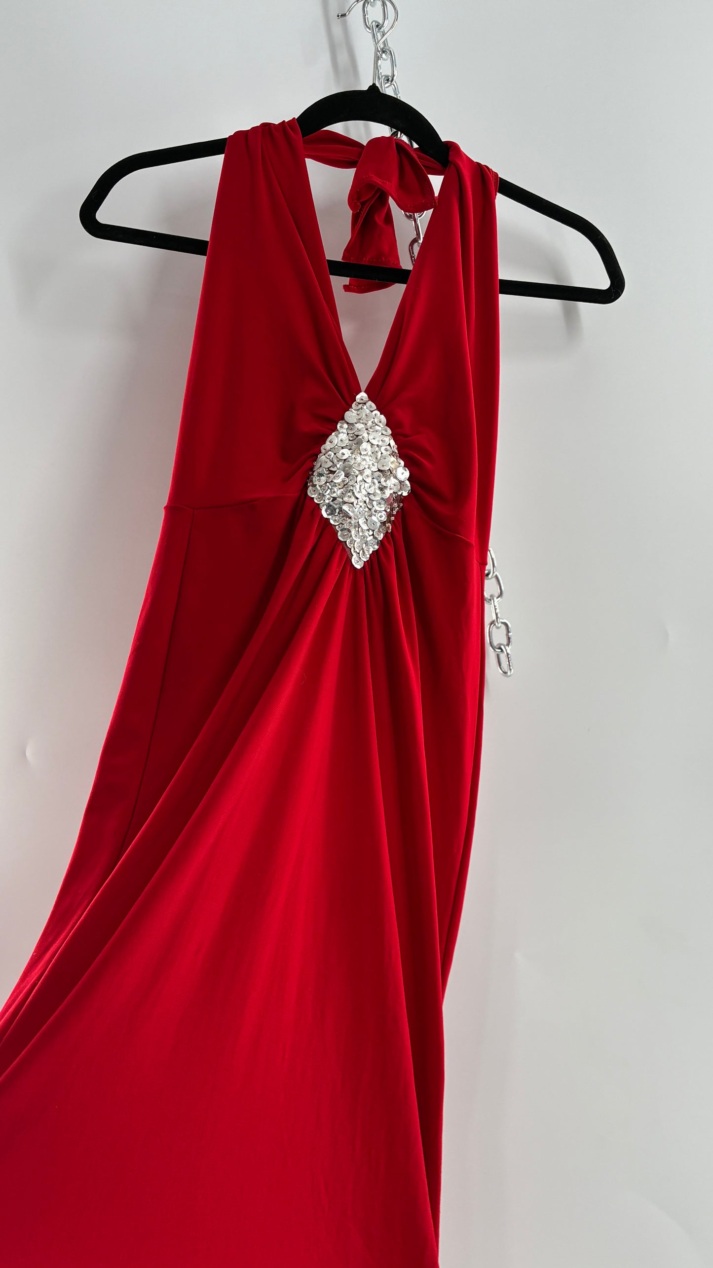 Vintage SYMPHONY Lycra Red Halter Full Length Dress with Sequin Bust Detail (Small)
