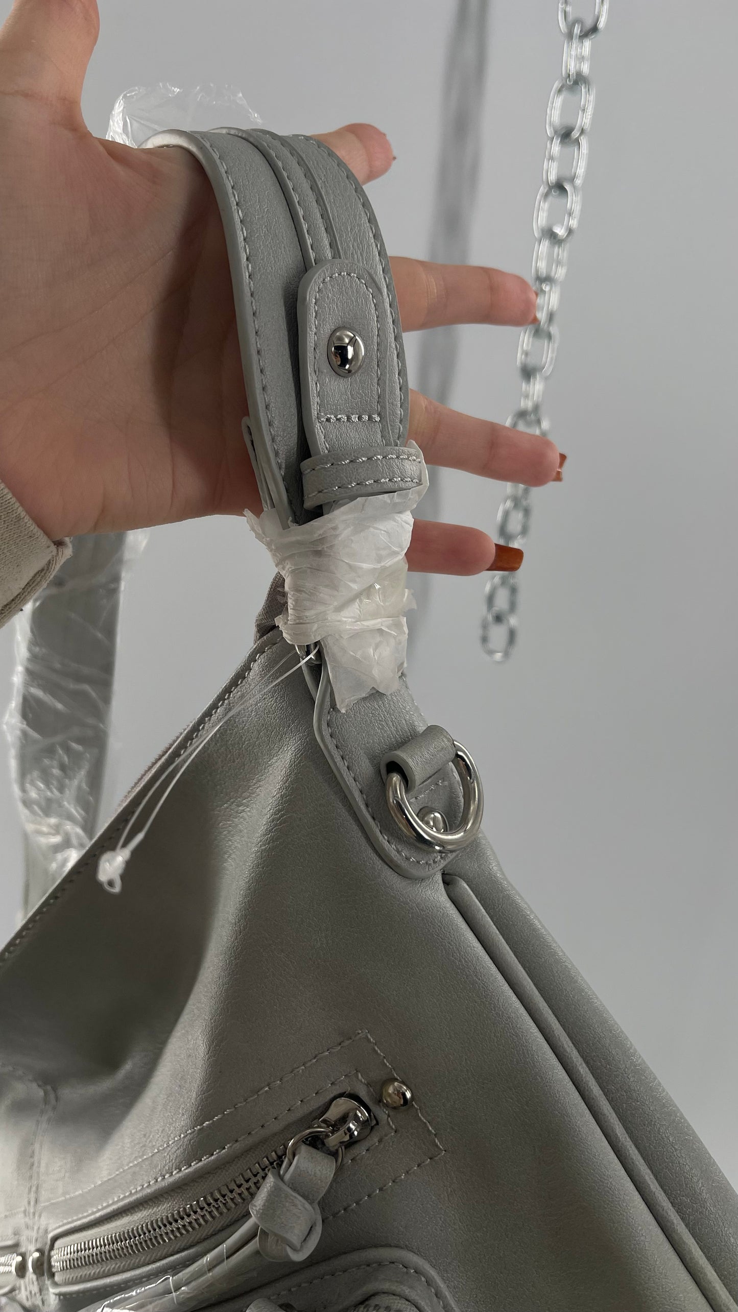 Free People Grey Leather Bag with Heavy Silver Metal Detailing, Pockets and Extra Strap