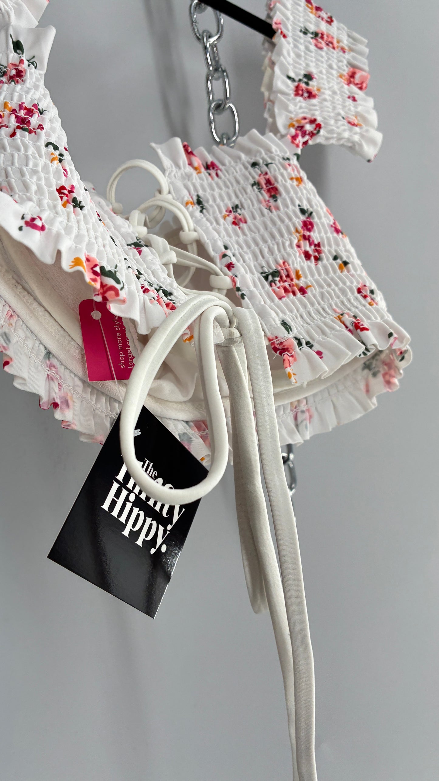 White Floral Smocked Off the Shoulder Underwire Swim Top with Tags Attached (Medium)