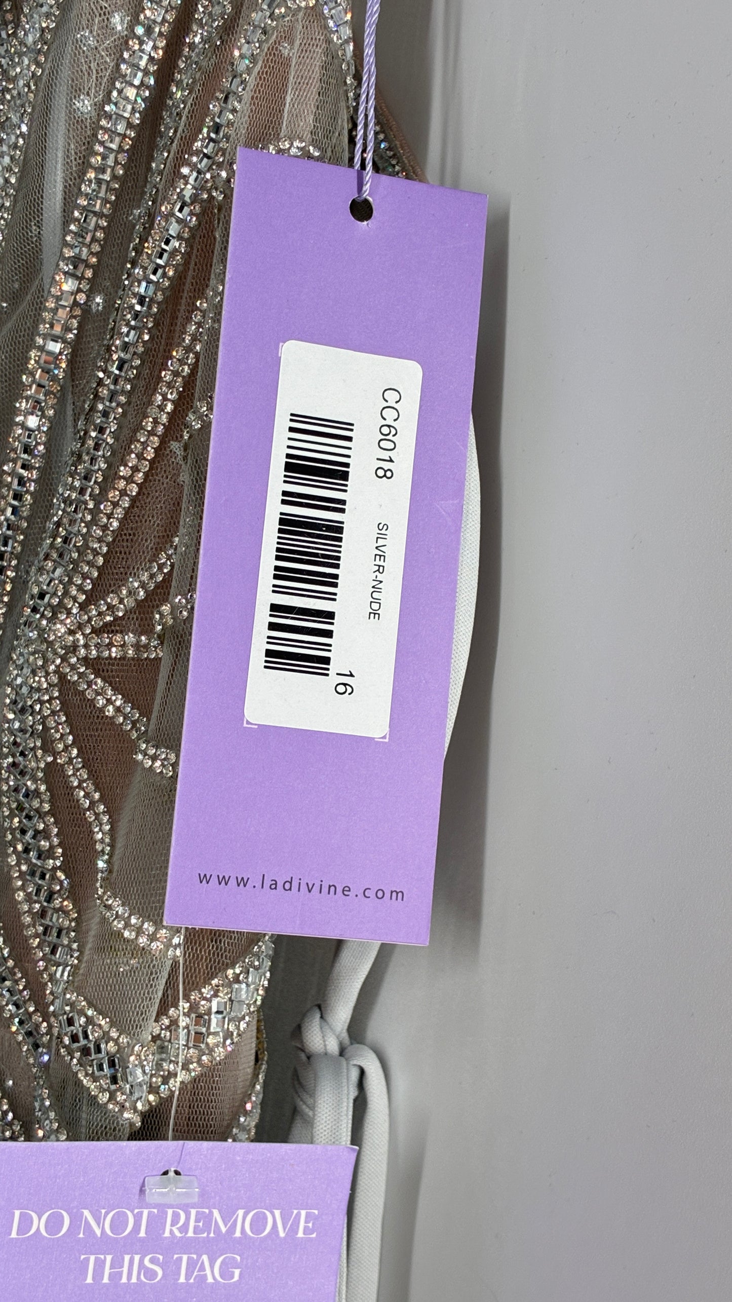 NWT LADIVINE by Cinderella Divine Silver Nude CC6018 Mermaid Corseted Gown with Multiple Layers of Tulle, Covered in Crystal Strips (16)