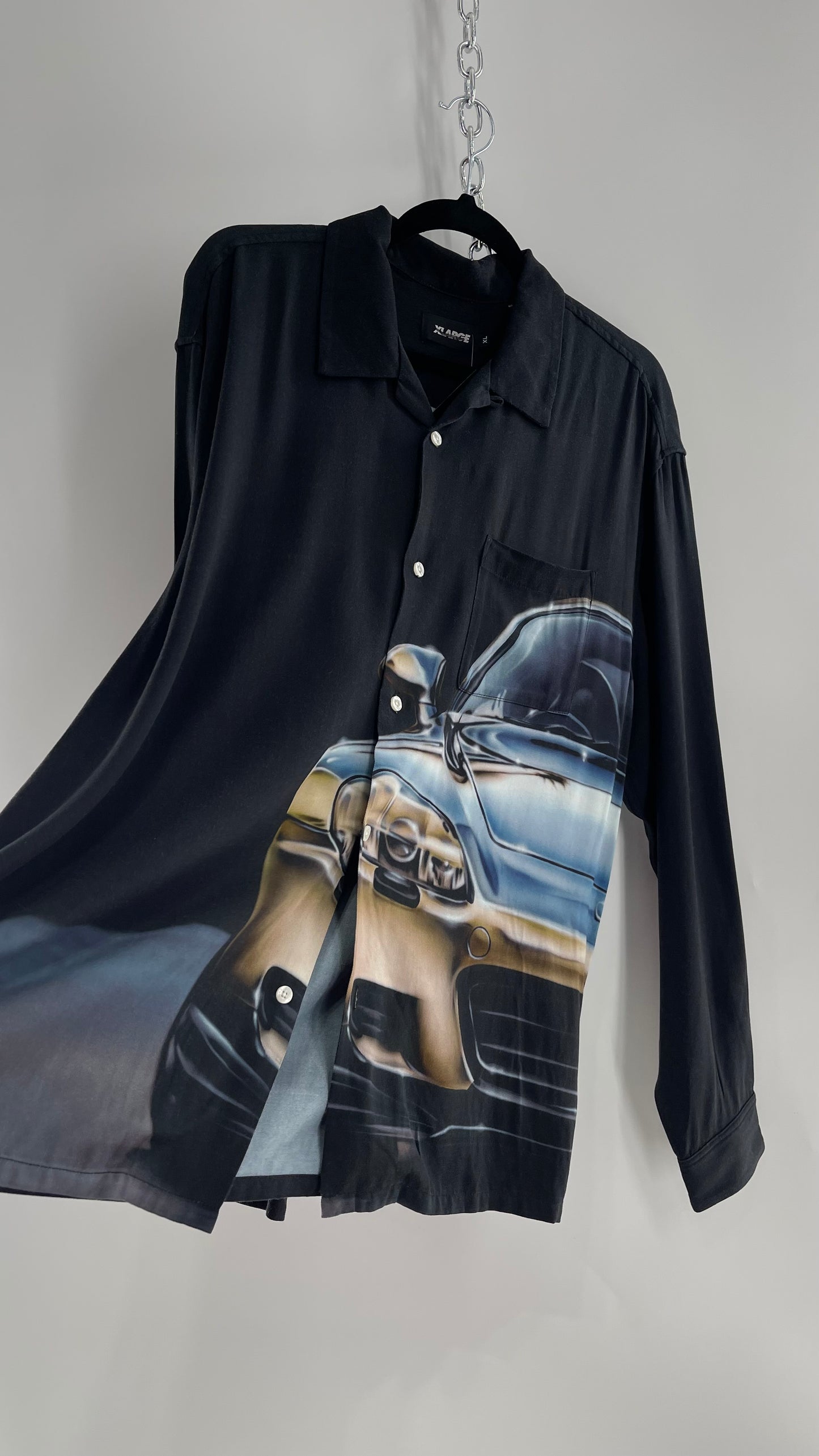 XLARGE Black 100% Rayon Men’s Button Up with HD Futuristic Car Graphic (XL)