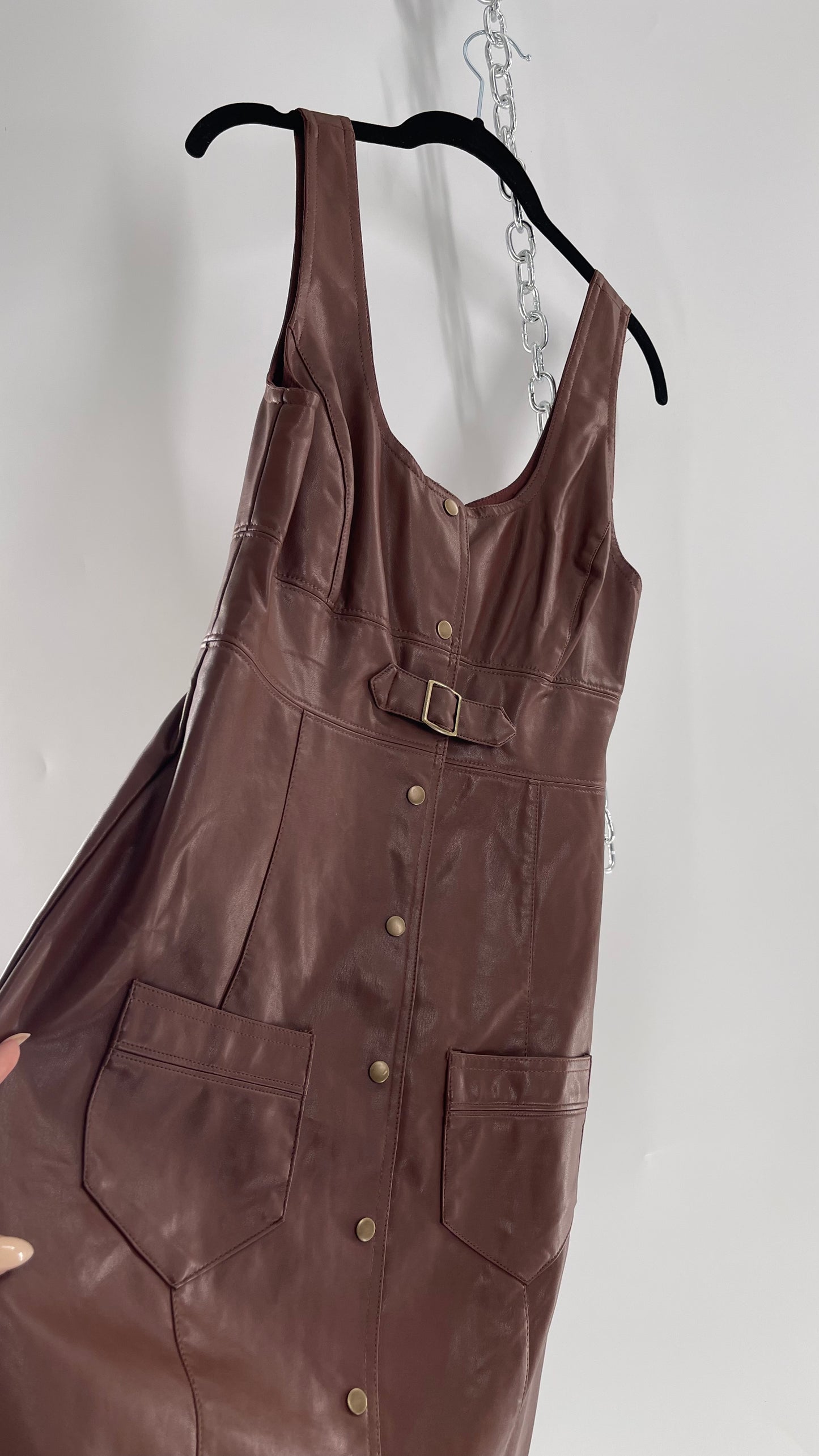 Free People Brown Vegan Leather Button Front Pocketed Dress (2)