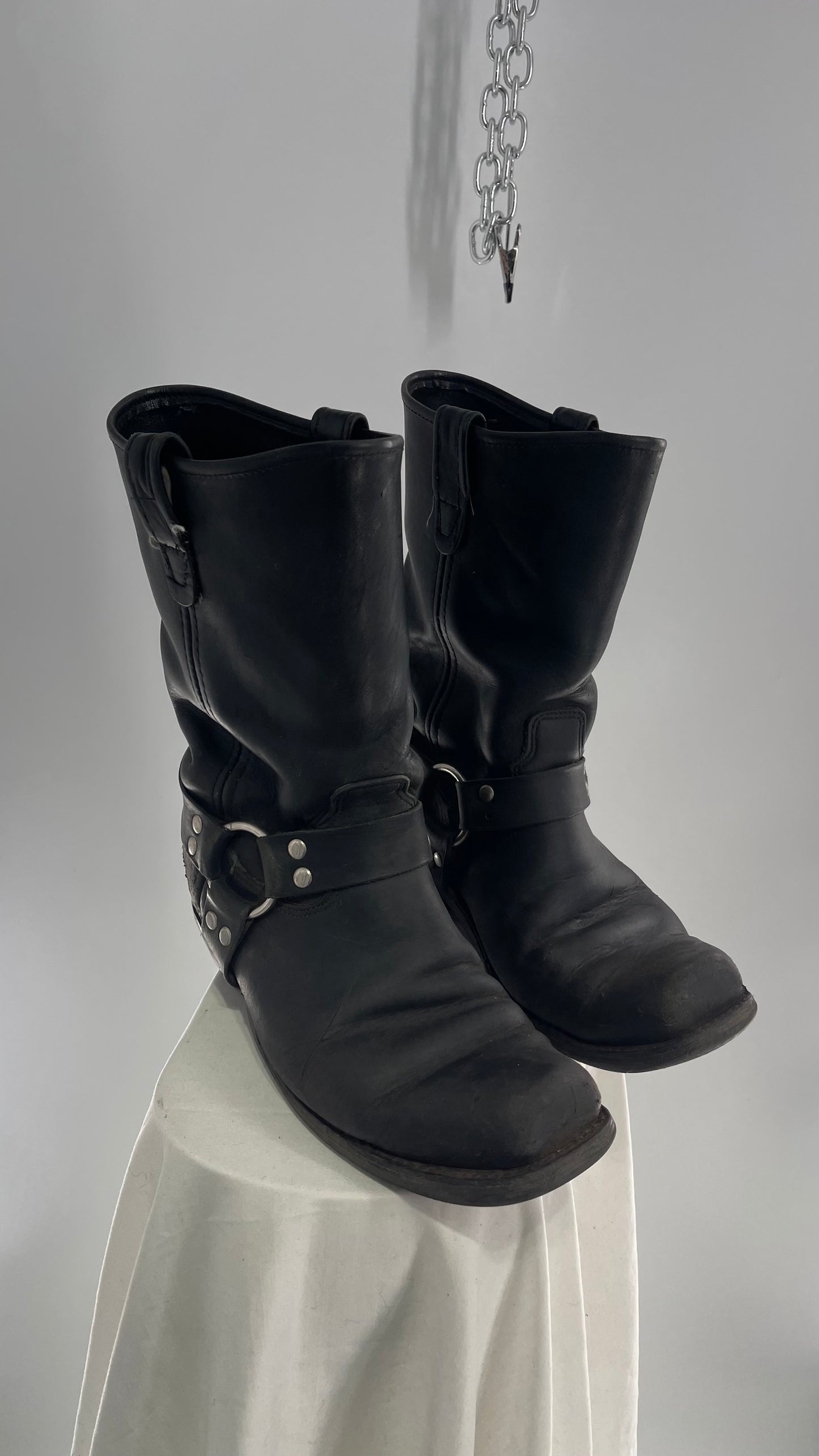 Vintage SIERRA Black Heavy Duty Sloppy Scuffed Distressed Leather Motorcycle Boots (10.5)