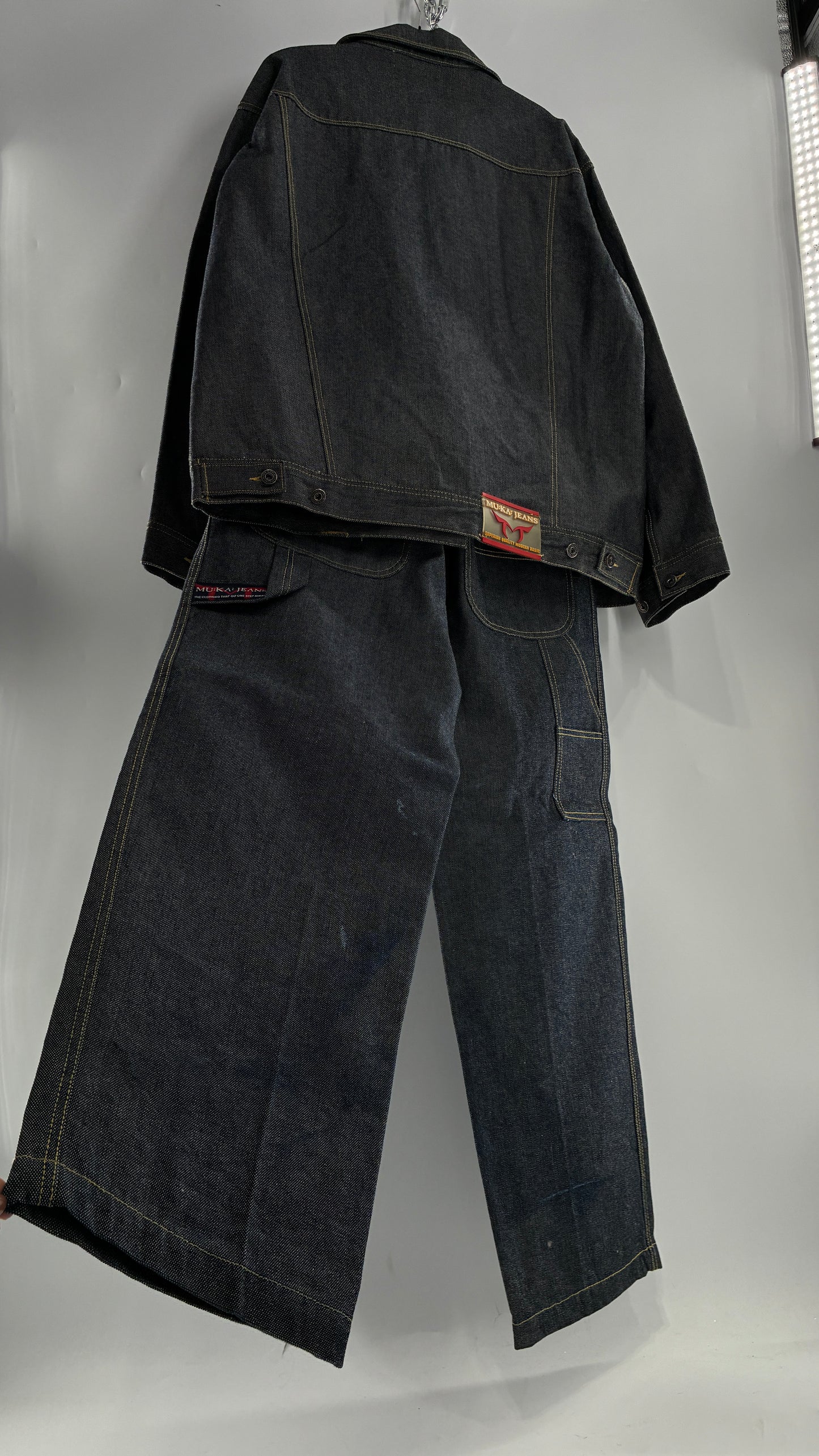 Vintage 1990s MU:KA: JEANS Men’s Dark Wash Japanese Style Denim Baggy Straight Legs and Oversized Jacket Set (L, 32x32)