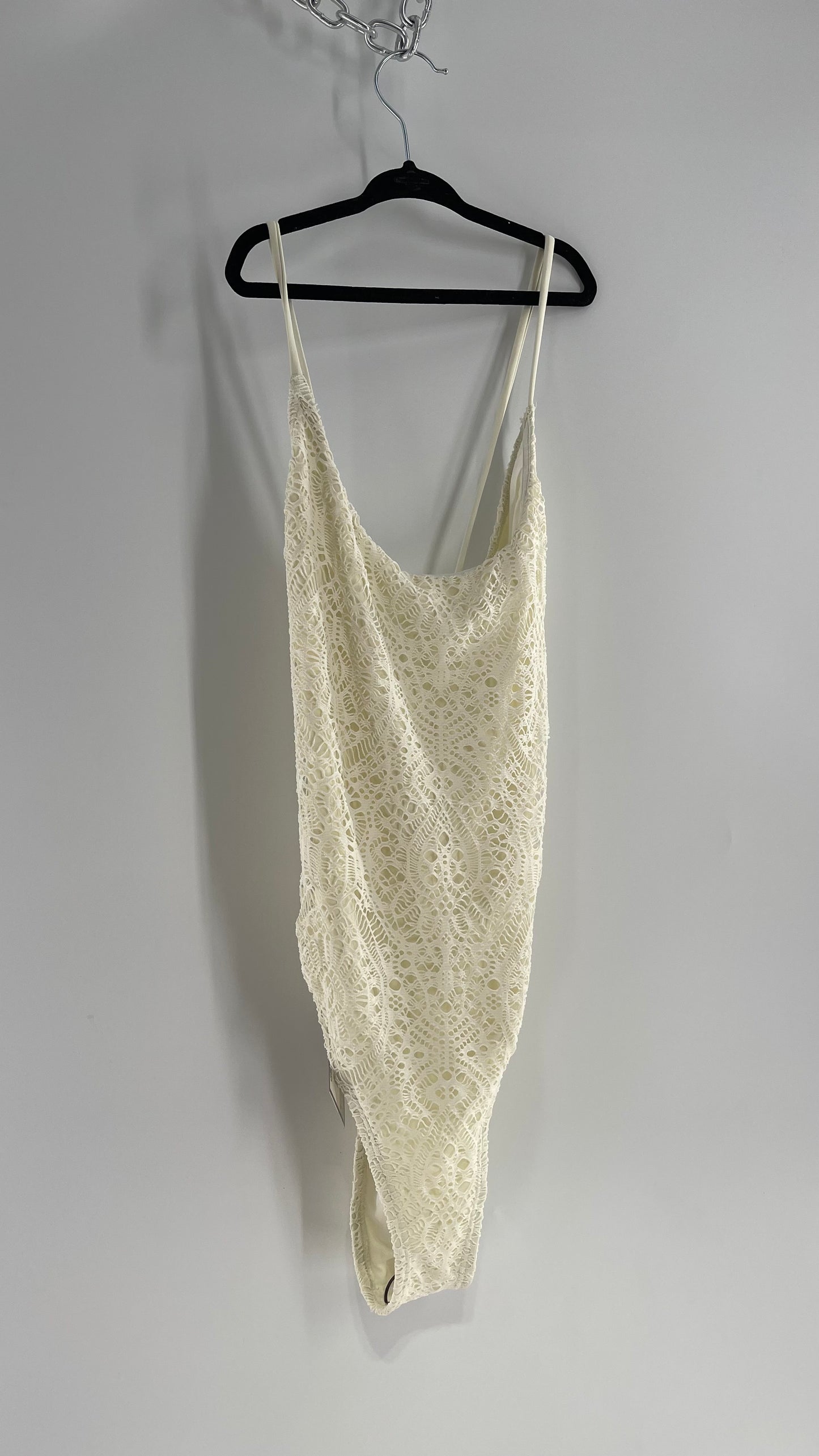 Urban Outfitters White Lace/Crochet Swimsuit with Lace Up Open Back (Medium)