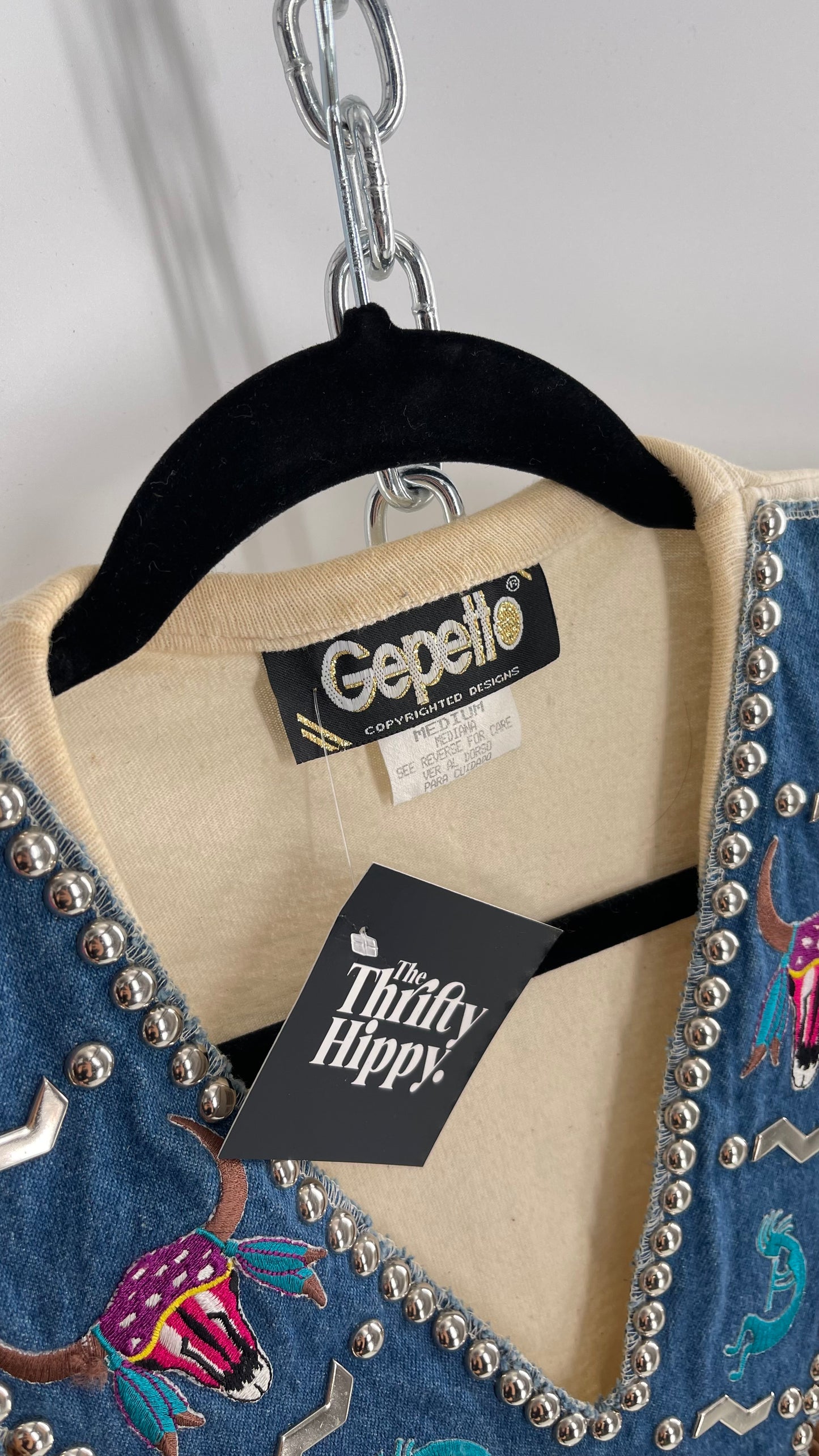 Vintage 1980s GEPETTO Off White Rodeo Western T Shirt with Denim Lined V Neck, Faux Leather Fringe Detail, Embroidery, and Heavy Duty Studs